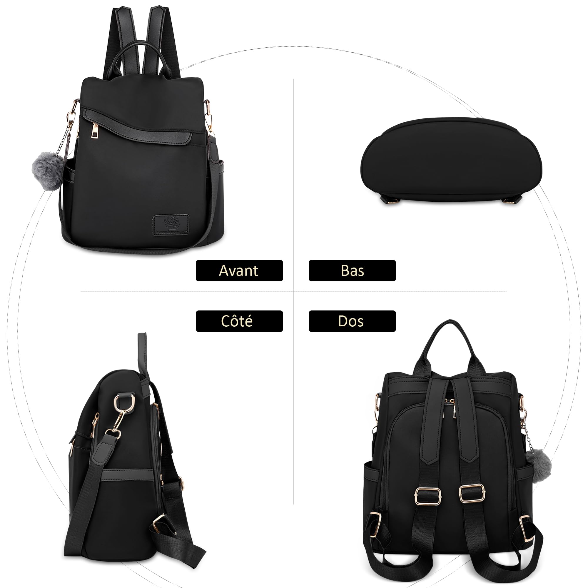 Sacs à Dos Femme Antivol — Sac à Dos Élégant et Léger, Imperméable, Idéal Voyage, Université, Travail et Quotidien Noir