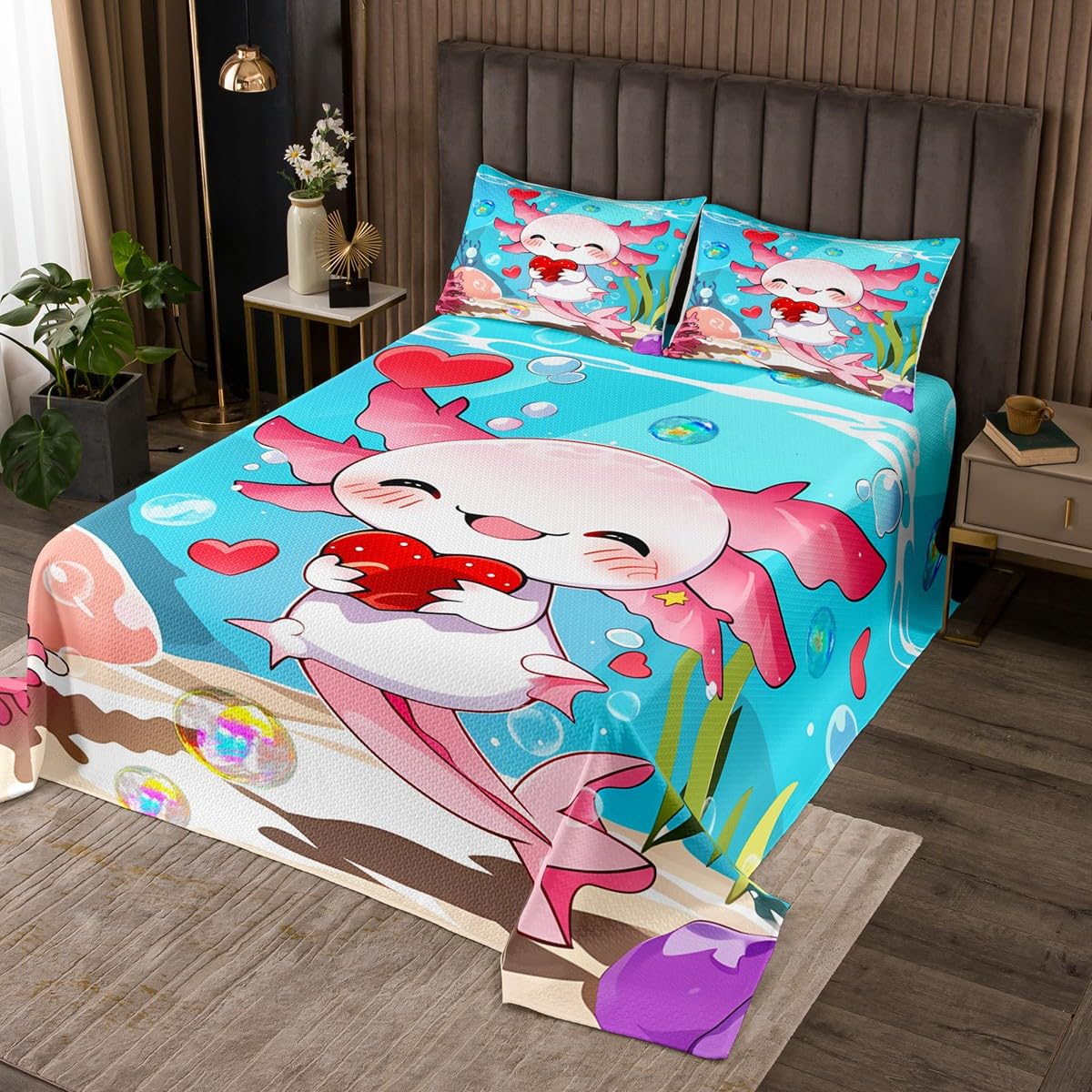 Erosebridal Kawaii Axolotl Kids Quilt Set with Red Love Heart Pattern, Cartoon Axolotl Gifts Coverlet Set for Boys Girls 3D Ocean Animal Sea World Plant Bedspreads King Size 3 Pieces