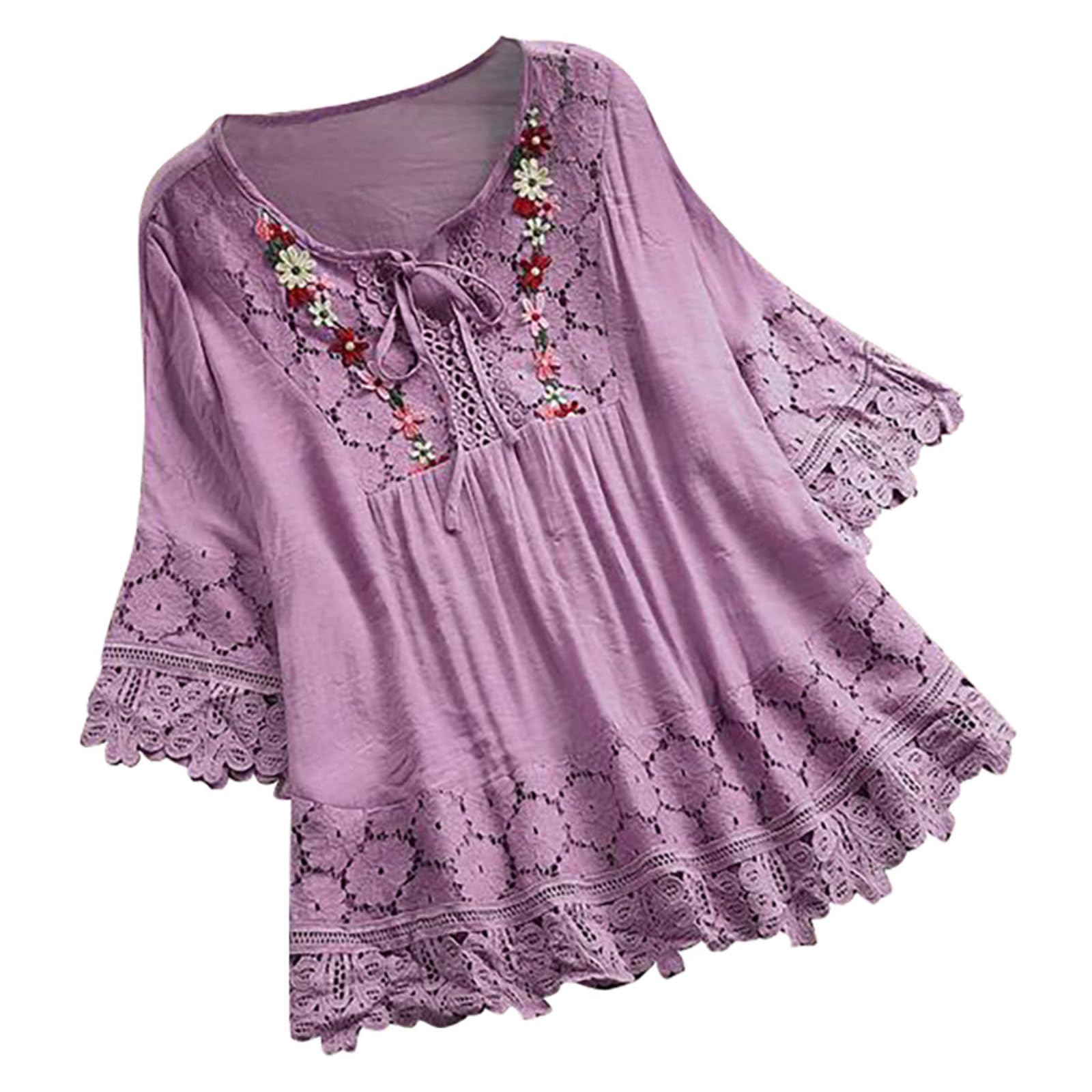 WINDEHAO Blusa de lino y algodón para mujer, tallas grandes, tallas S-5XL, elegantes camisas de encaje con flores bordadas, blusas con cordones huecos