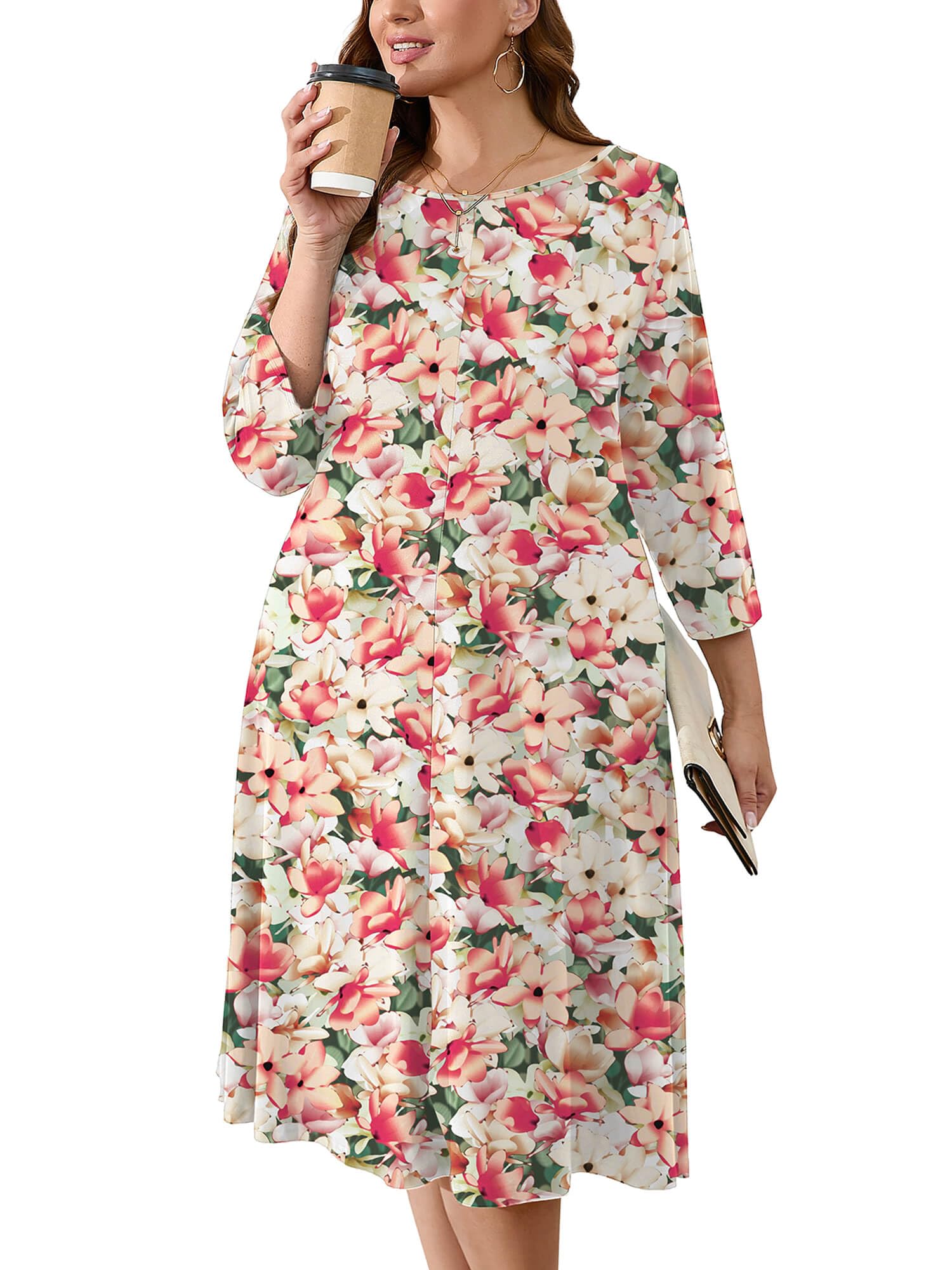 AusLook Women's Plus Midi Dresses Crew Neck A Line 3/4 Sleeves Casual Elegant Loose Wedding Vacation Dress with Pockets