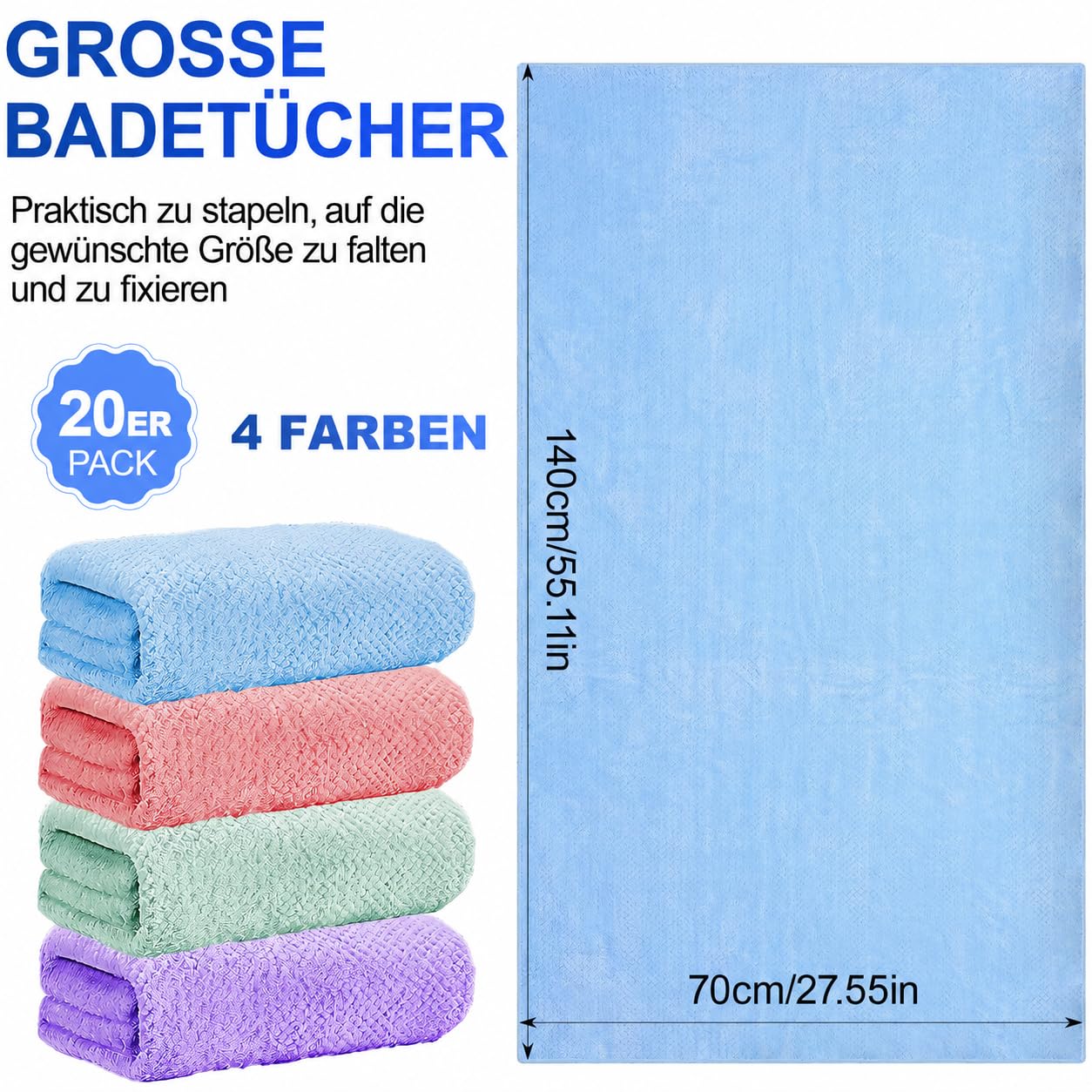 16 Stück Mikrofaser Handtücher Set, 70 x 140 cm Schnelltrocknend Badetücher, Saugstark Weiche Duschtücher für Bad Fitness Reisen Haushalt(Rosa, Lila, Grün, Blau)