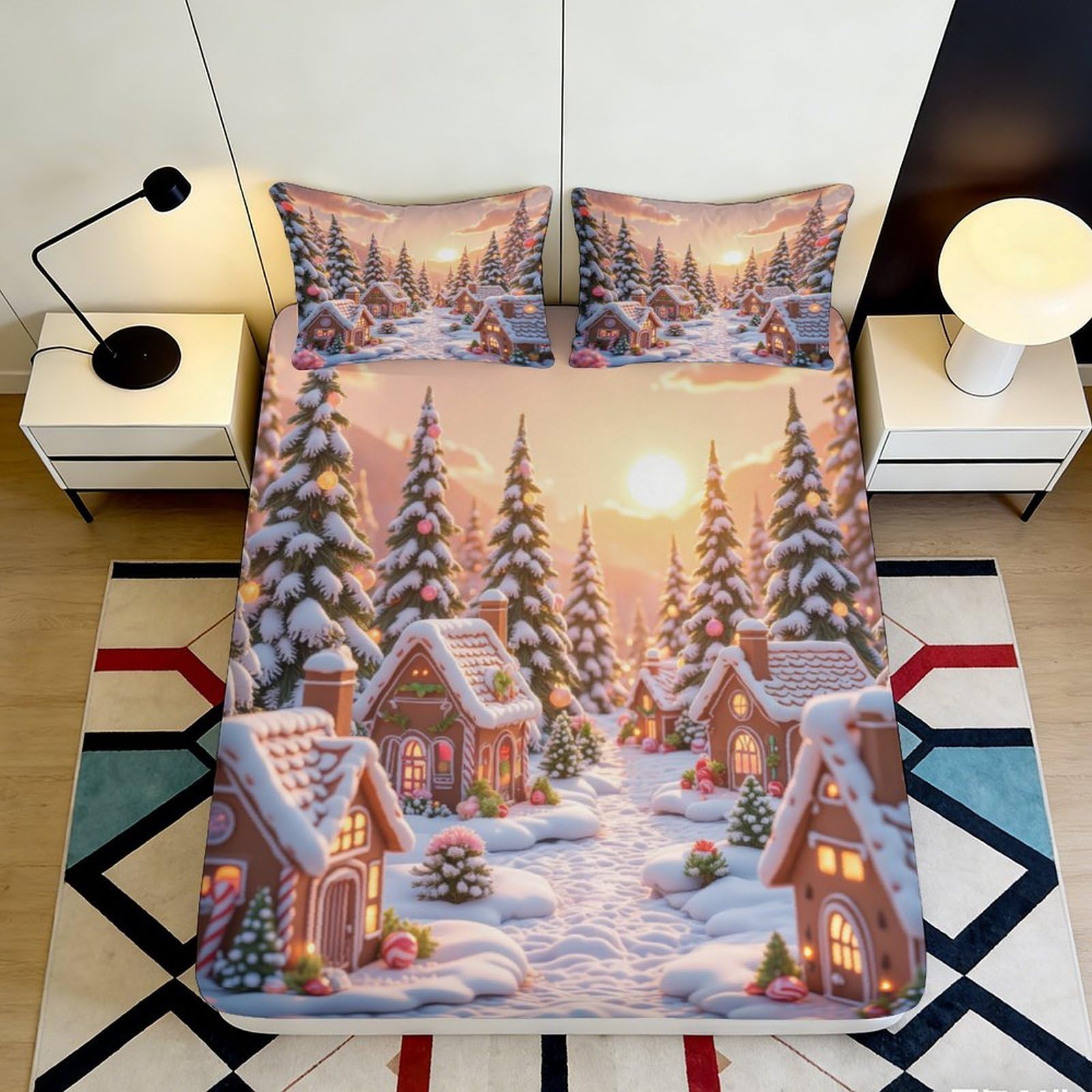3D Printed Winter Village Fitted Sheet Microfiber Soft Breathable Snowy Cottage Bed Cover for Bedroom Dormitory Guest Room Mattress Protection 140x200x25cm