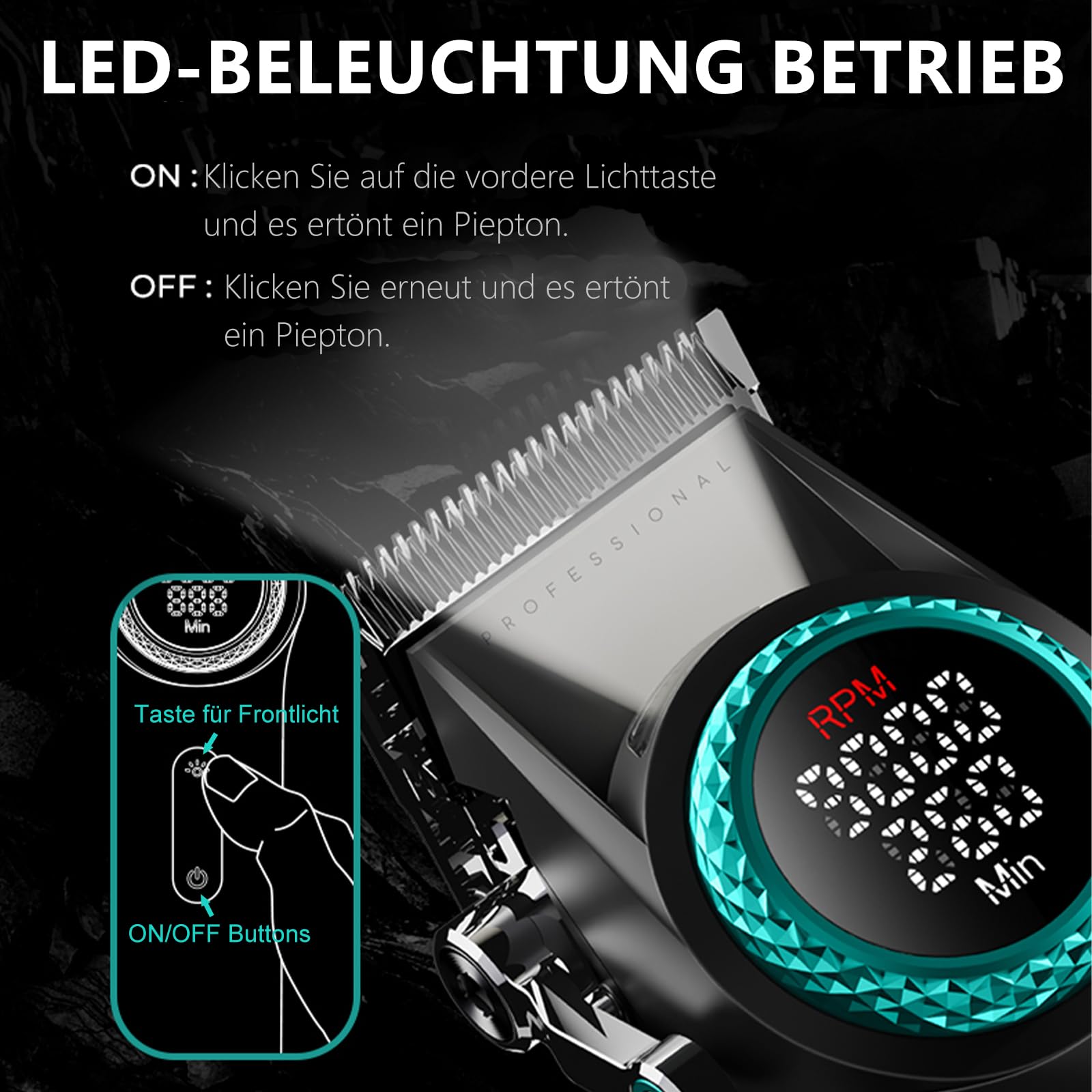 VGR 001 Professionelle Haarschneidemaschine für Männer, Schnurlose Friseurschermaschine zum Haarschneiden, Karbonstahlklinge Haarschneider für Barbiere, 9000 U/min, LED-Anzeige, Schwarz