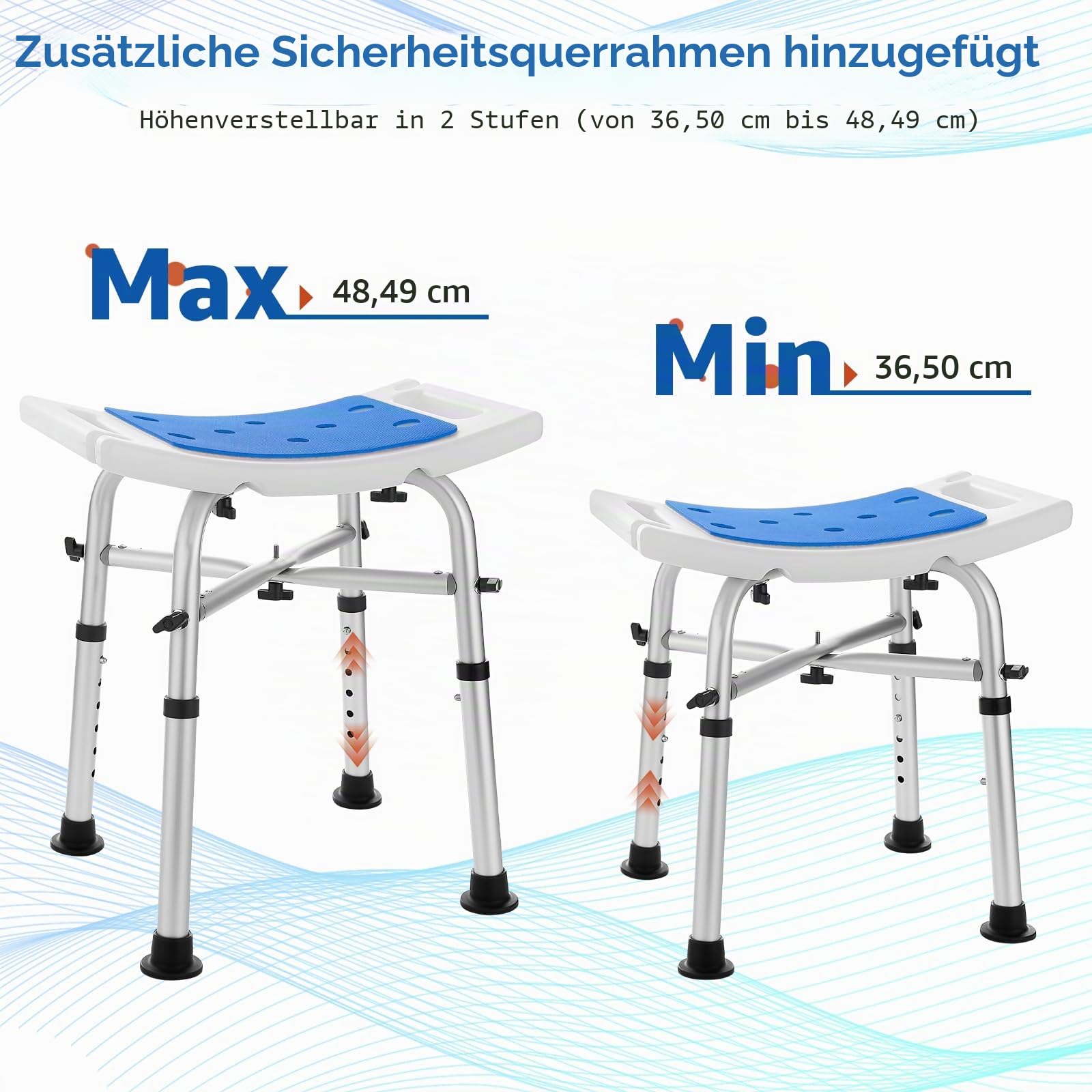 Duschhocker, Badestuhl, höhenverstellbar, mit Stabiler Querstange für Senioren, Erwachsene, Kinder, Rutschfester Duschsitz Duschstuhl für Innenduschen (ohne Duschkopf)