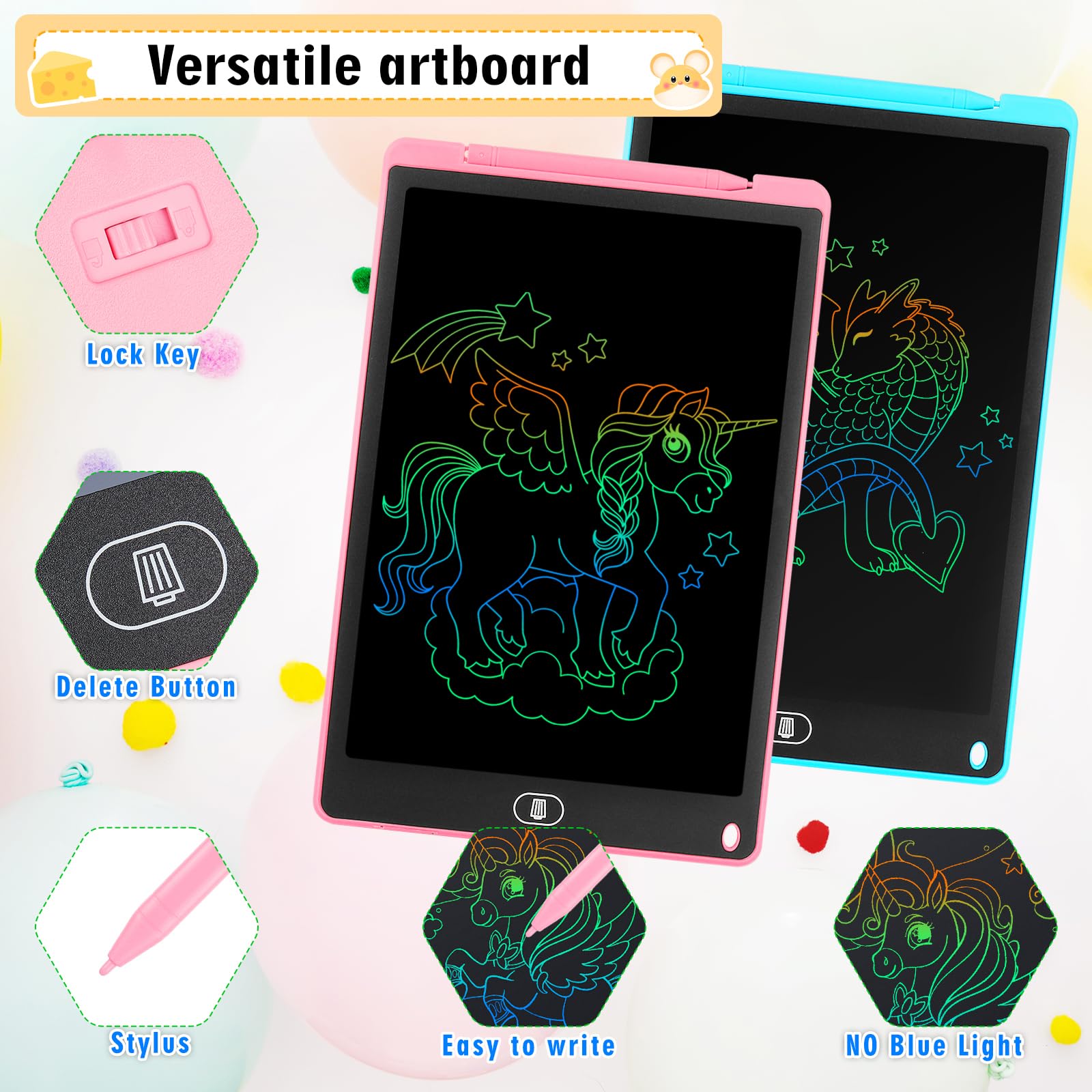 Damcyer 2 Pezzi Tavoletta Grafica LCD Scrittura 12 Pollici,LCD Tavoletta Grafica Bambini con Schermo Colorato,Taccuino Cancellabile con Adesivi Animali,per Ragazzi e Ragazze di età 3 4 5 6,Blu+Rosa