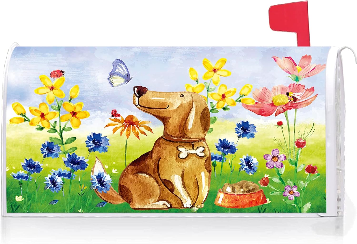 Texupday Cute Dog Puppy Floral Decoration Mailbox Cover with Magnetic Strip Spring Summer Mailbox Wraps Post Letter Box Cover Standard Size 21" X 18" for Garden Outdoor Yard Decor