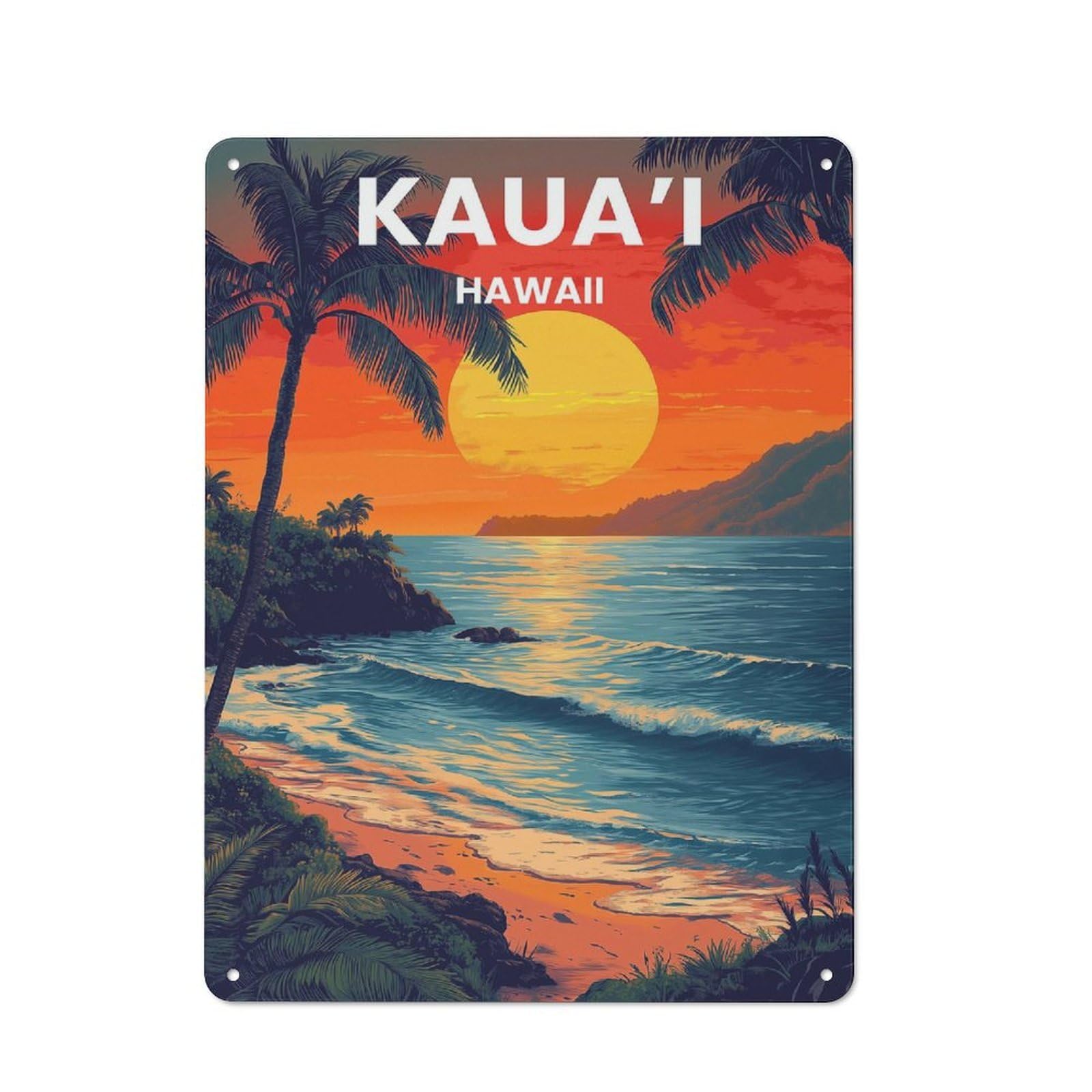 Junmoney Kauai Hawaii Illustration Tin Wall Plaque 40X30cm With For Pub Or Café, A Decorative Christmas Gift For Hospitality Wall Decor Collectors