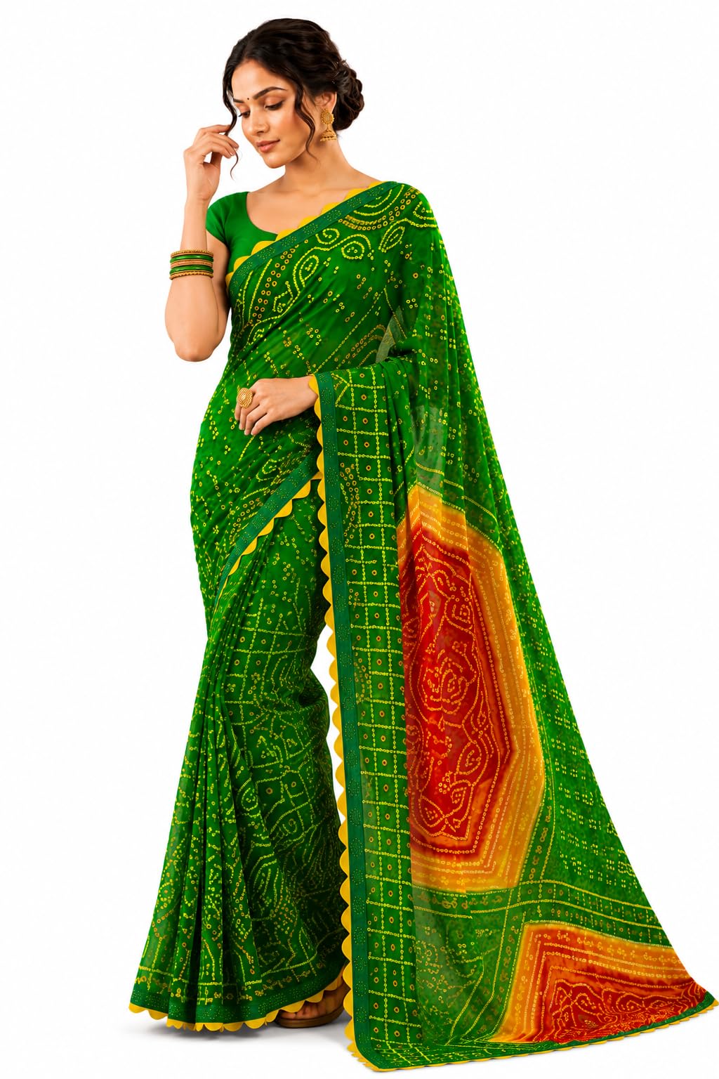 Women's Green Bandhani Print Georgette Saree with Contrast Yellow Border | Lightweight | Festive & Traditional Saree with Unstitched Blouse Piece-picture-35