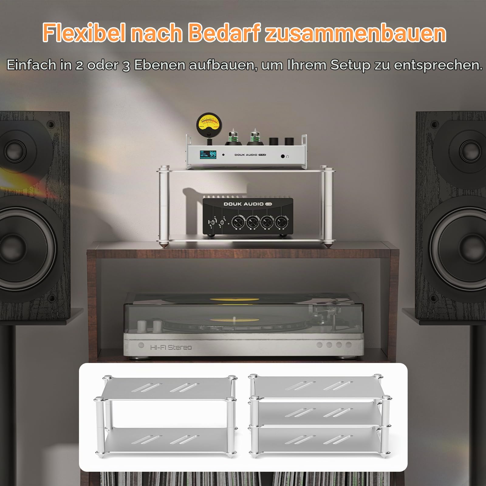 Douk Audio Mehrstufiges Verstärker-Rack: Stabiles Audio Geräterack für Heimkino, HiFi- und AV-Komponenten Audio-Ständer Rega, Belüfteter Lautsprecherständer für Studio- und Audiogeräte (Aluminium)