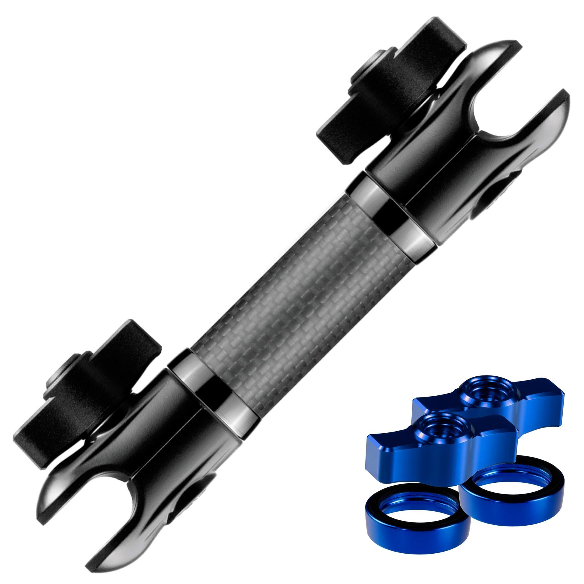 Tackform 6" Long 20mm Ball and Socket Arm DuraLock 20 Series Carbon Fiber Arm | Dual 20mm Sockets with Optional Anti-Theft Knobs | Black with Blue