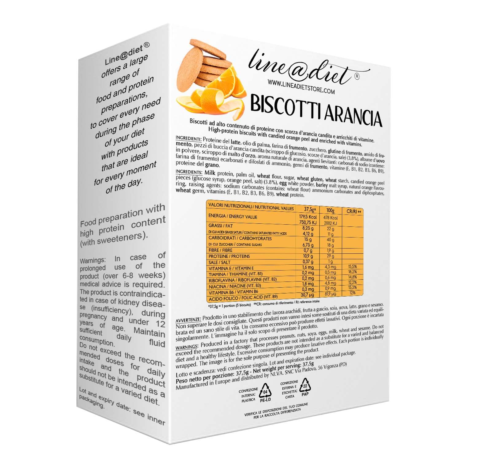 Biscotti proteici Lineadiet - 14 monoporzioni di biscotti gusto arancia - 29% proteine, ridotto contenuto di carboidrati e zuccheri (70 biscotti totali)