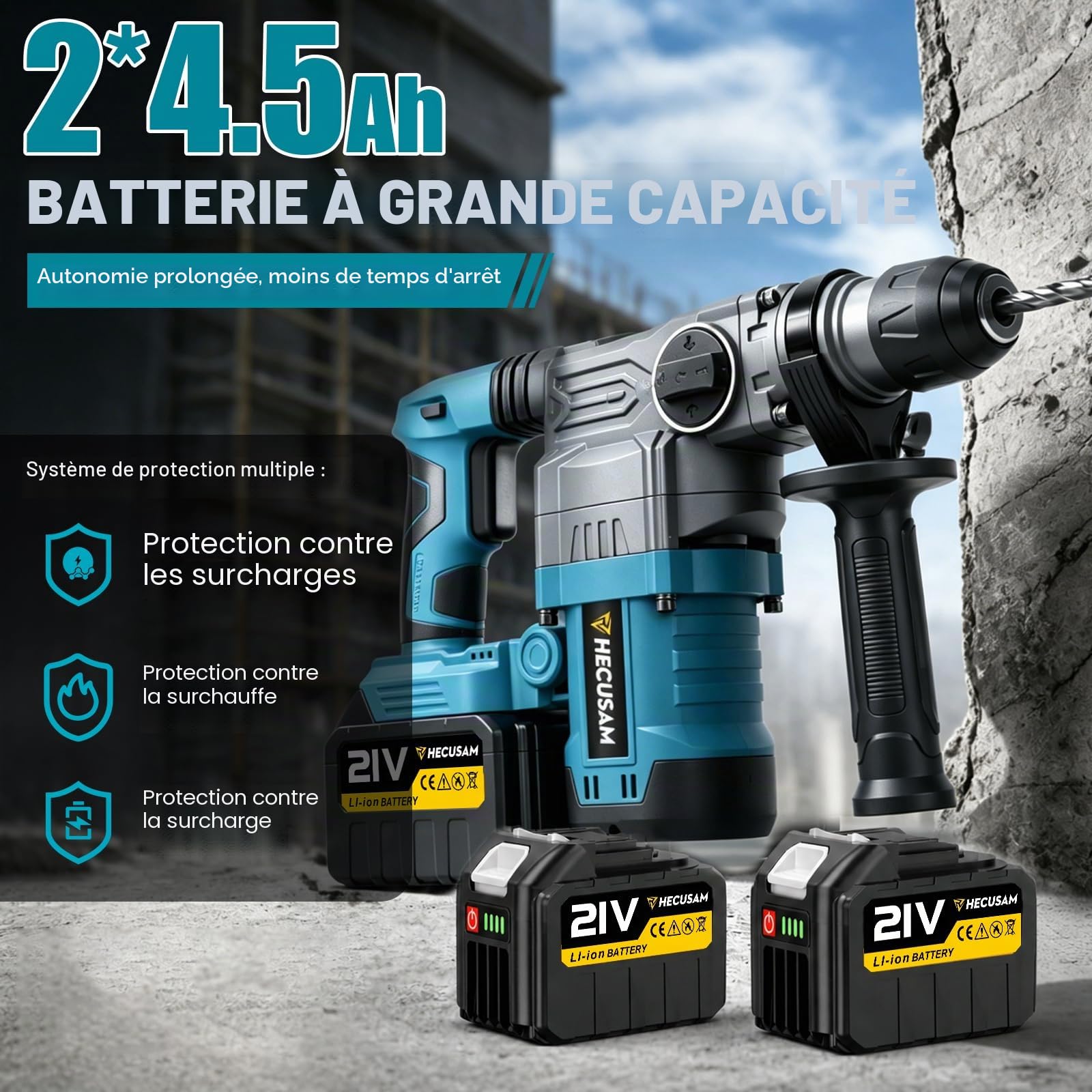 SDS Plus Marteau de Démolition Professionnel 8J, 3000W Moteur sans balais, Perforateur sans fil avec 2 batteries de 4,5 Ah, embrayage de sécurité et Anti-vibration, Inclut Sac à Outils et Burins
