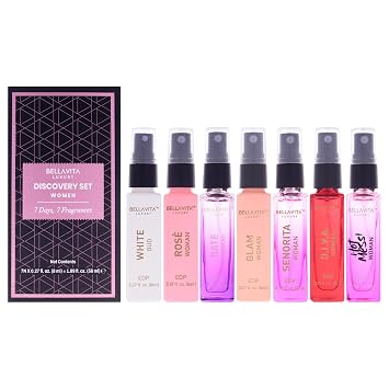 Discovery Set by Bellavita for Women - 7 Pc Mini Gift Set- Rose, Glam, Date, Senorita,D.i.v.a.,Hot Mess, White Oud