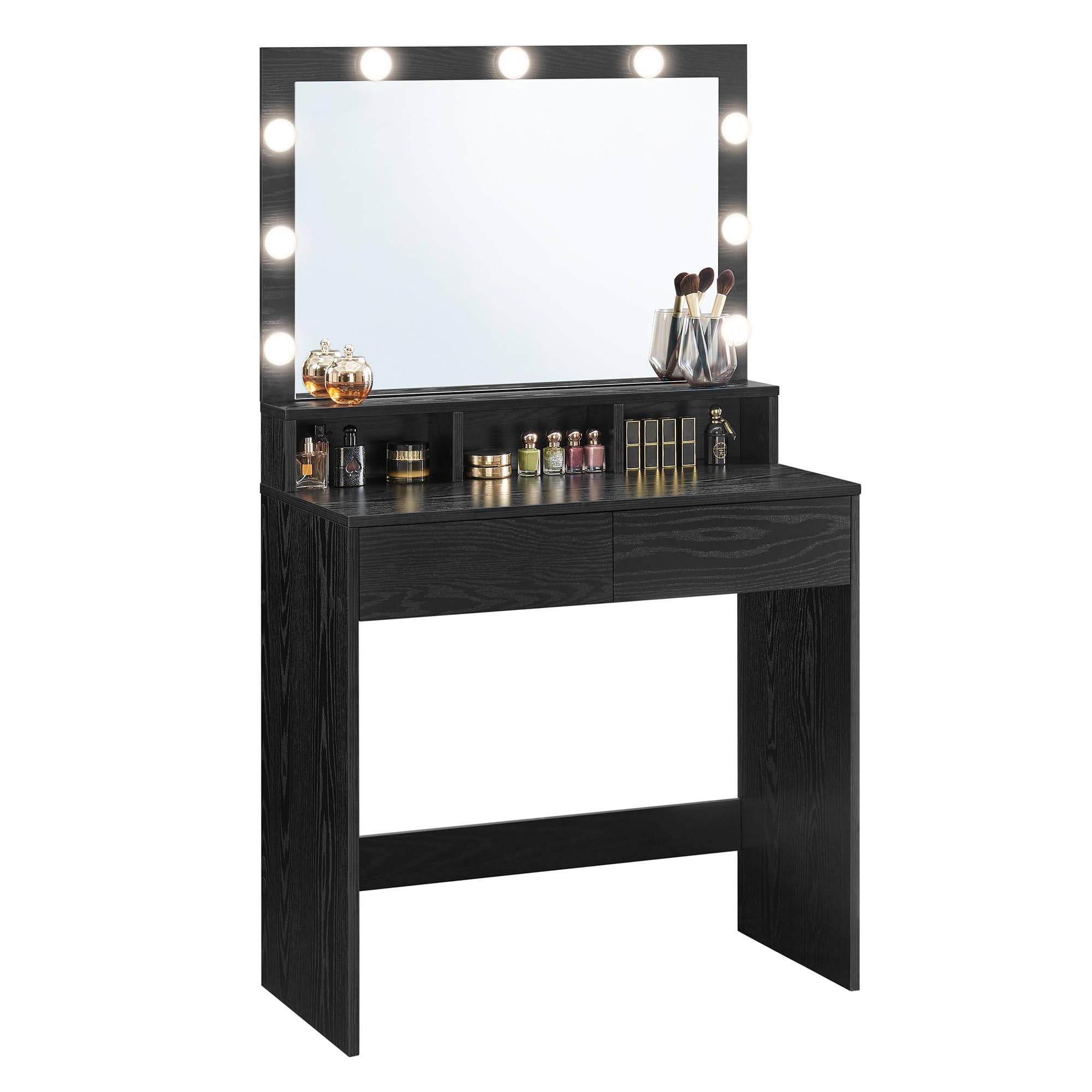 VASAGLE Vanity Desk with Mirror and Lights, Makeup Vanity with Large Mirror, LED Lights with Adjustable Brightness, Vanity Table, 2 Drawers, 3 Compartments, Modern Makeup Desk, Ebony Black U