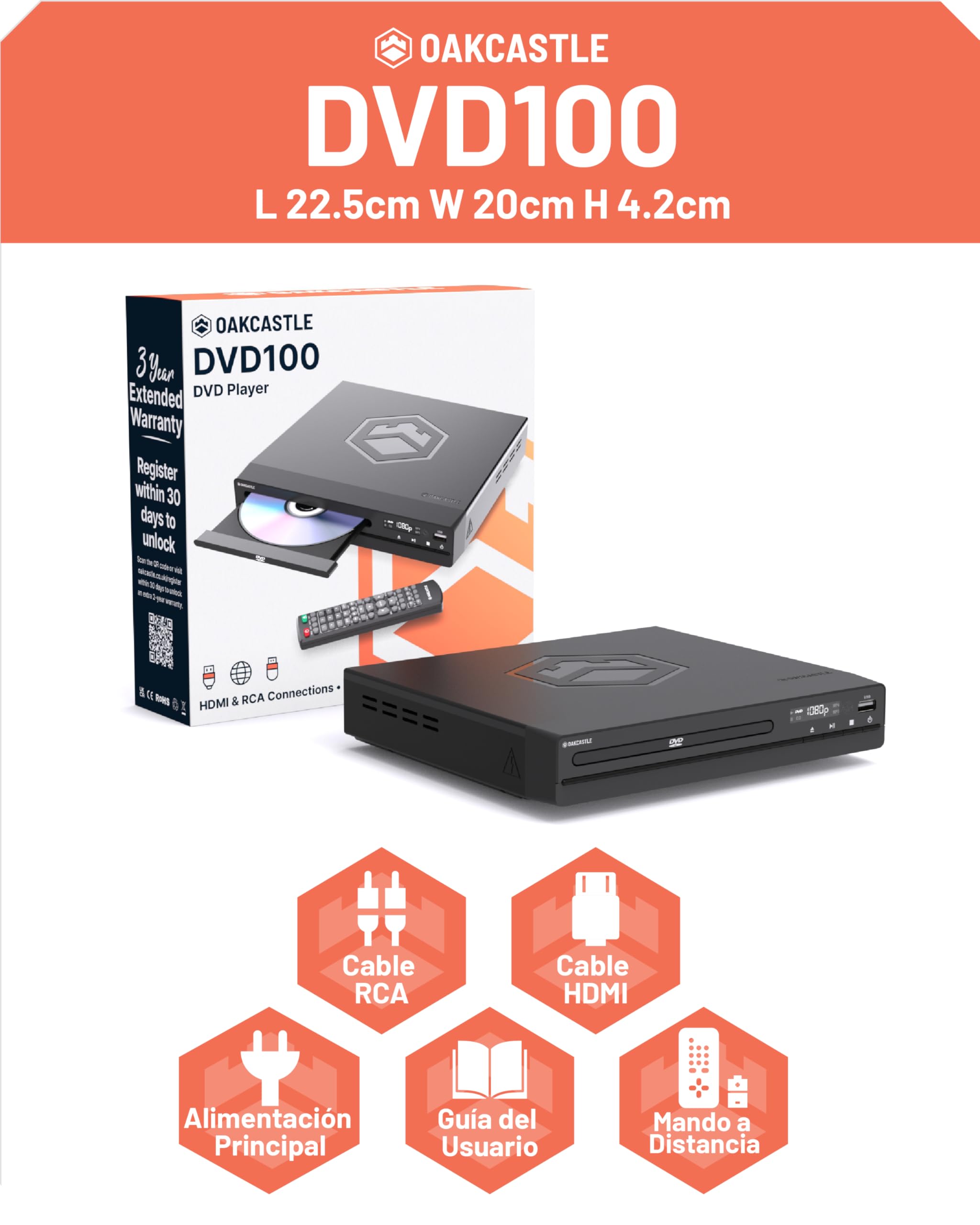 OAKCASTLE DVD100 Reproductor DVD para TV | Sin Región HDMI 1080P DVD Player | Leitor CD con Reproducción USB | Cable RCA, Cable HDMI y Mando a Distancia Incluidos