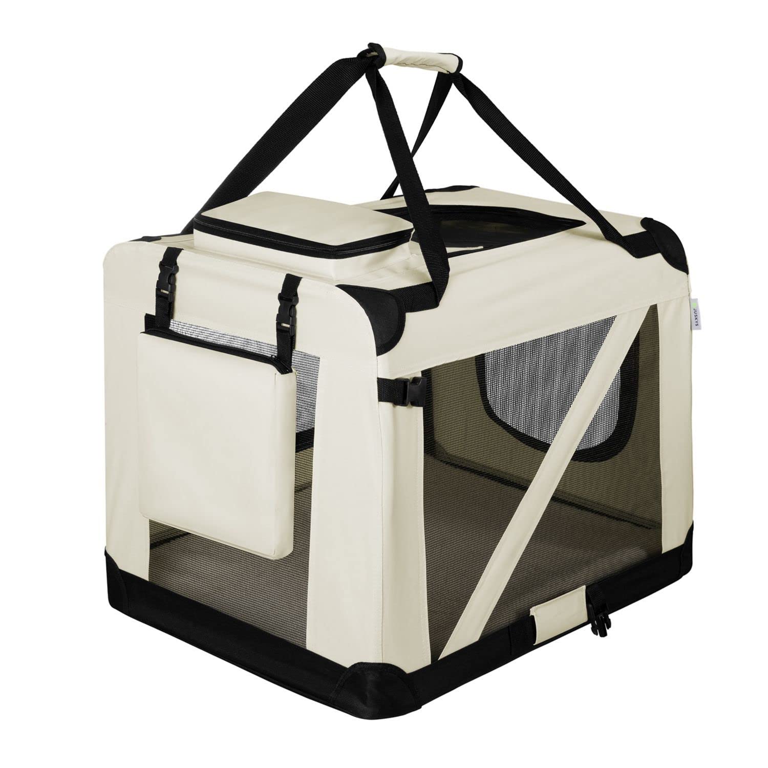 Juskys Caisse de Transport Pliable pour Chiens Lassie XL (Beige) - 58 x 82 x 58 cm - Avec Couverture, Poche & Poignées - En Tissu