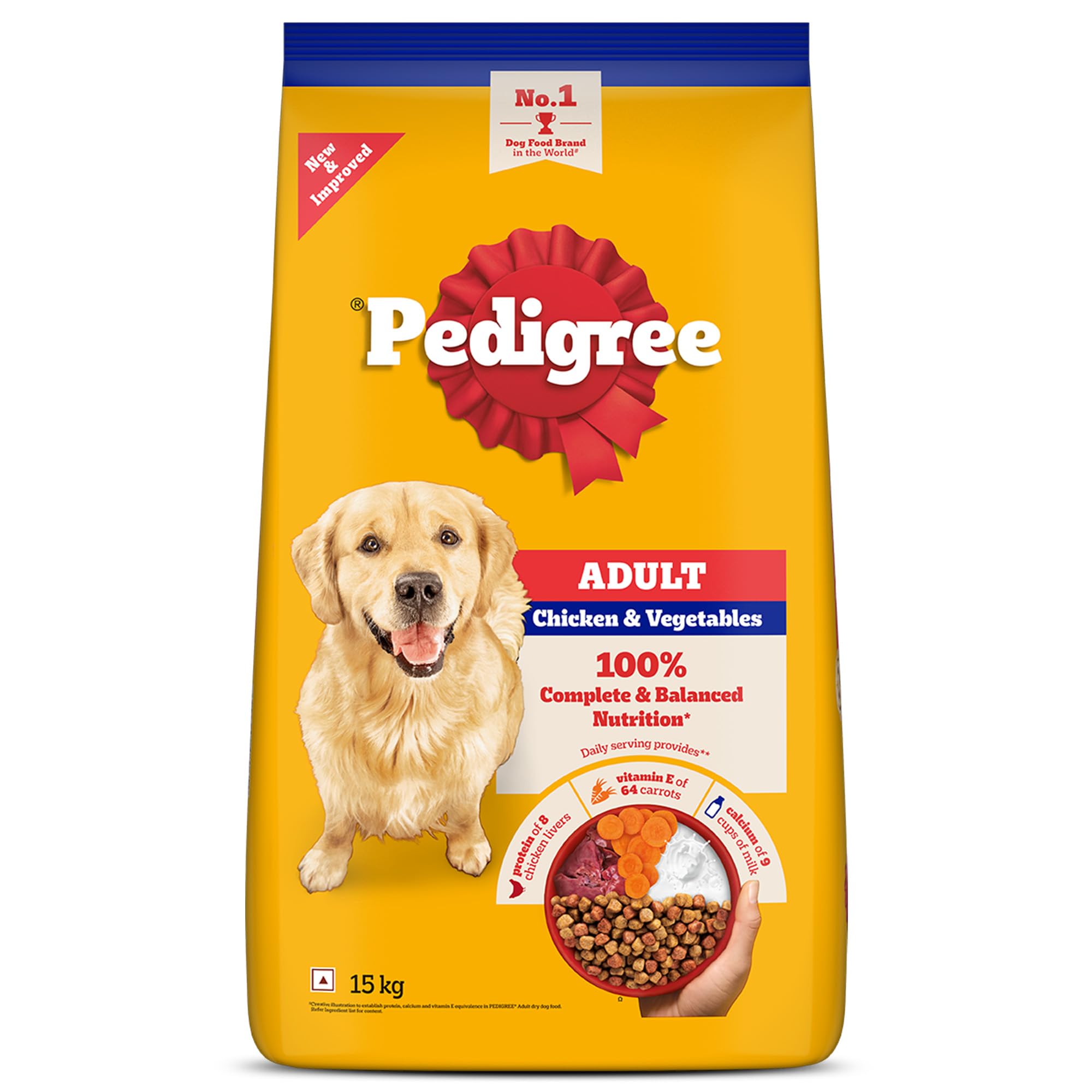 Pedigree Adult Dry Dog Food, Chicken & Vegetables, 15 kg, Contains 37 Essential Nutrients, 100% Complete & Balanced Food for Adult Dogs
