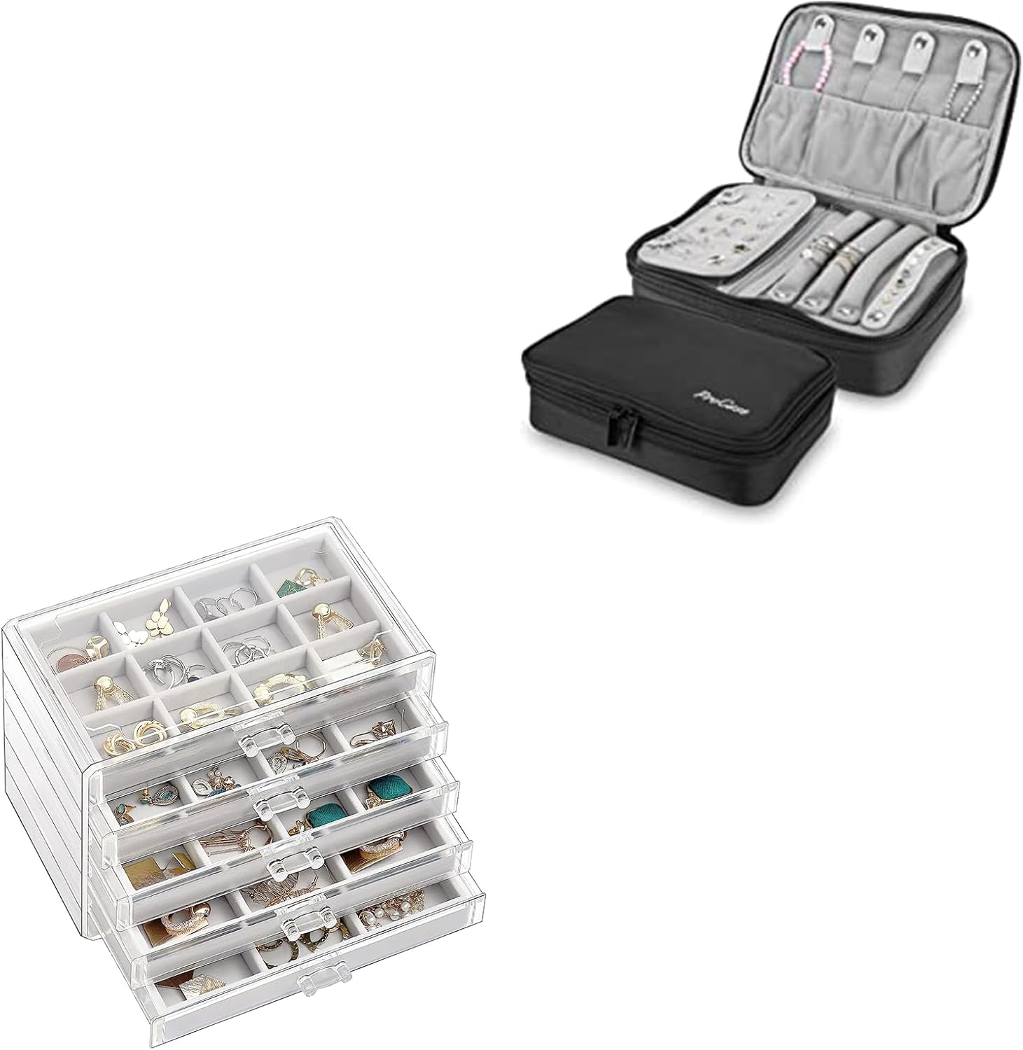 ProCase Travel Jewelry Bag Bundle with Clear Jewelry Organizer Box with 5 Drawers