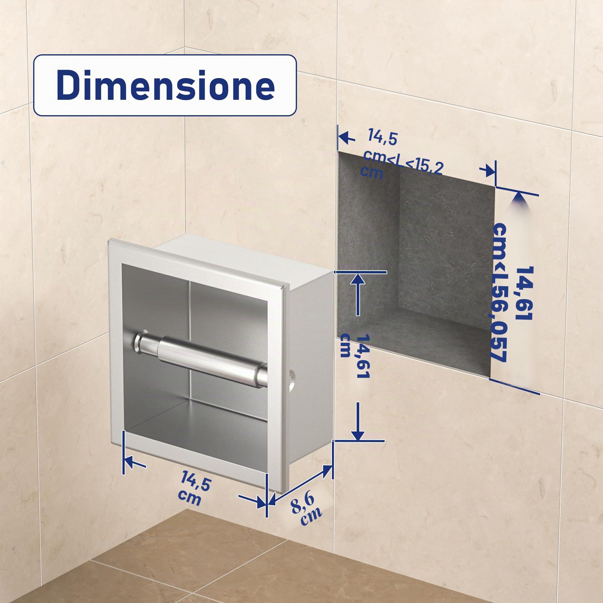 Porta carta igienica da incasso, in acciaio inox, per il bagno, 17,3 x 17,3 x 8,7 cm, argento