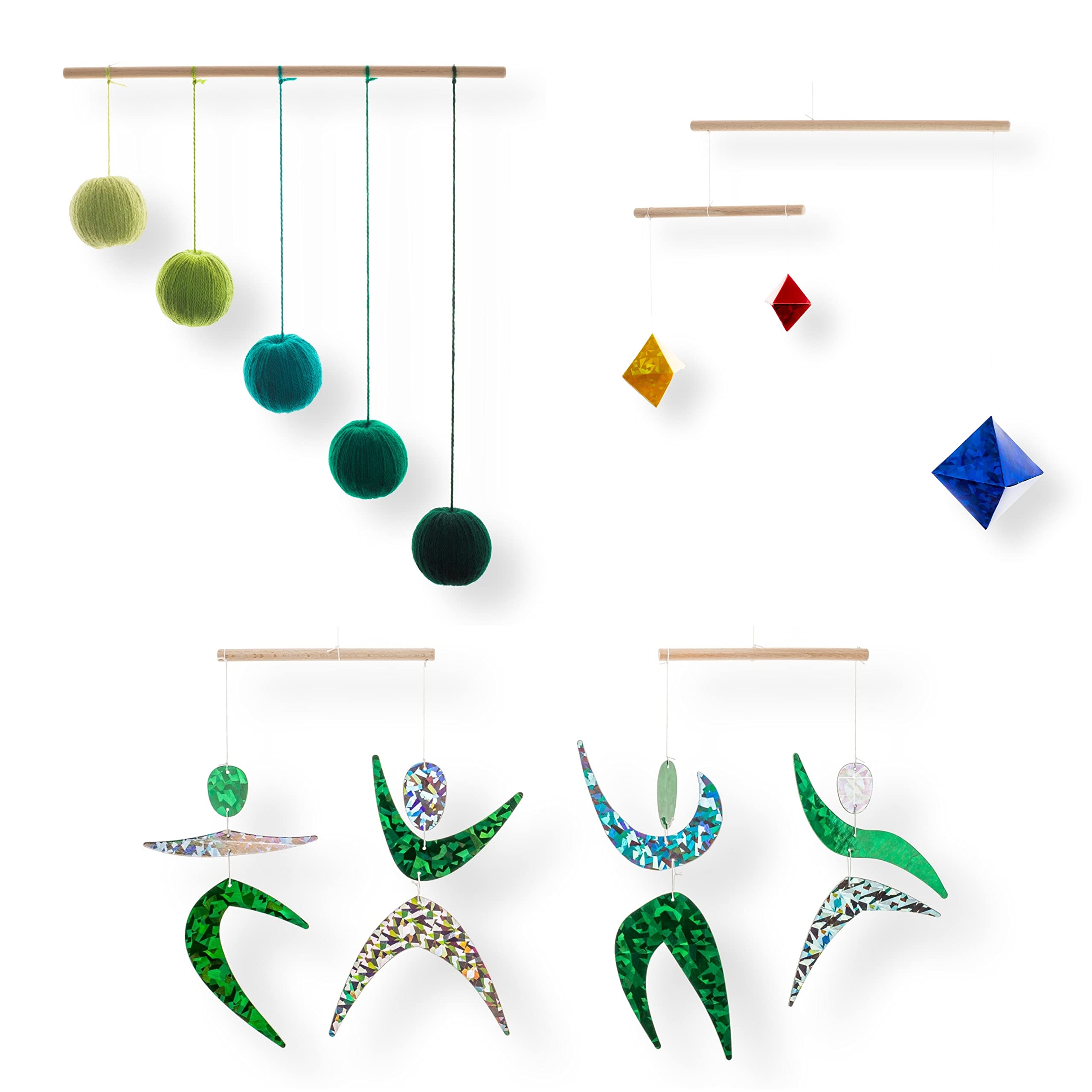 Set of 3 Montessori inspired mobiles - Green Gobbi, Dancers, Octahedron. Montessori mobile. Baby mobile. Hanging mobile. Crib toy.