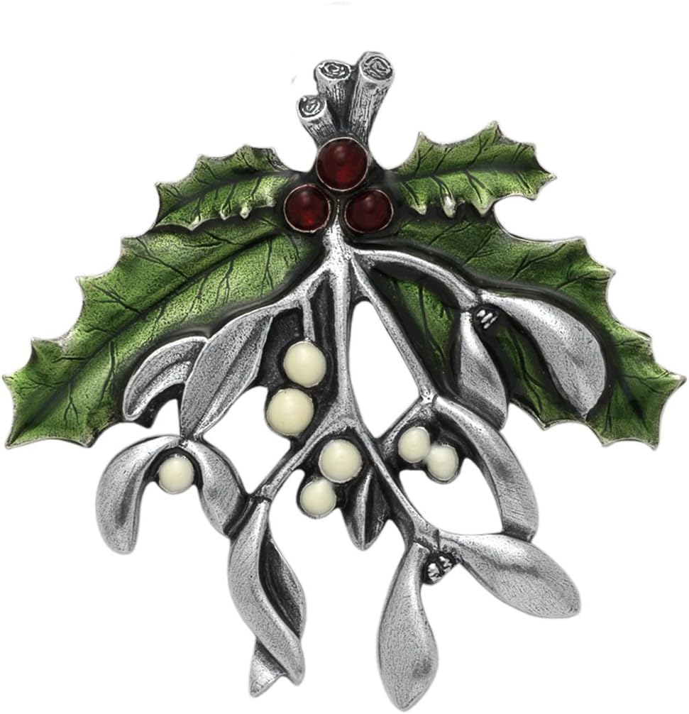 Danforth Mistletoe And Holly Brooch Pin For Women – Handcrafted Pewter Christmas Jewelry For Women – 2 3/8” Wide, Made In USA