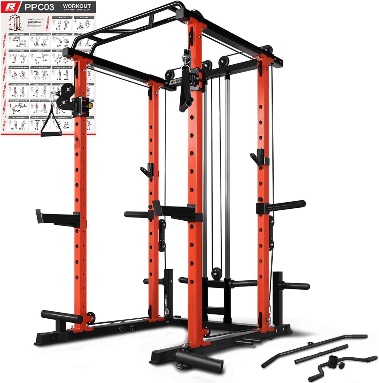 RitFit Multi-function Squat Rack Power Cage PPC03 with Cable Crossover System, 1000LBS Capacity Power Rack and Packages with Optional Weight Bench, Olympic Barbell Weight Set, for Garage & Home Gym