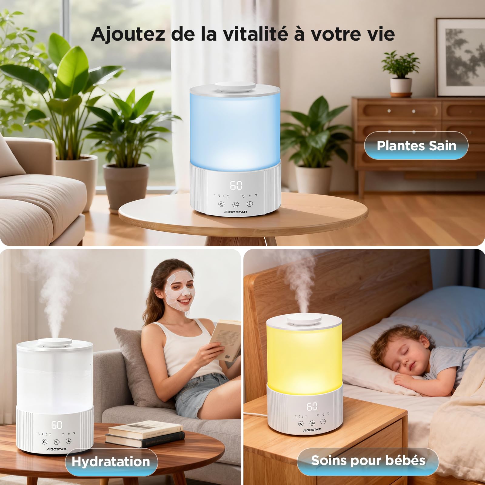 Aigostar Humidificateur d'Air 2,5L Ultra Silencieux avec Diffuseur d’Huiles Essentielles, Minuterie 8H & Veille, Arrêt Auto, 3 Niveaux de Brume, LED 7 Couleurs – Idéal pour Bébé, Chambre, Bureau