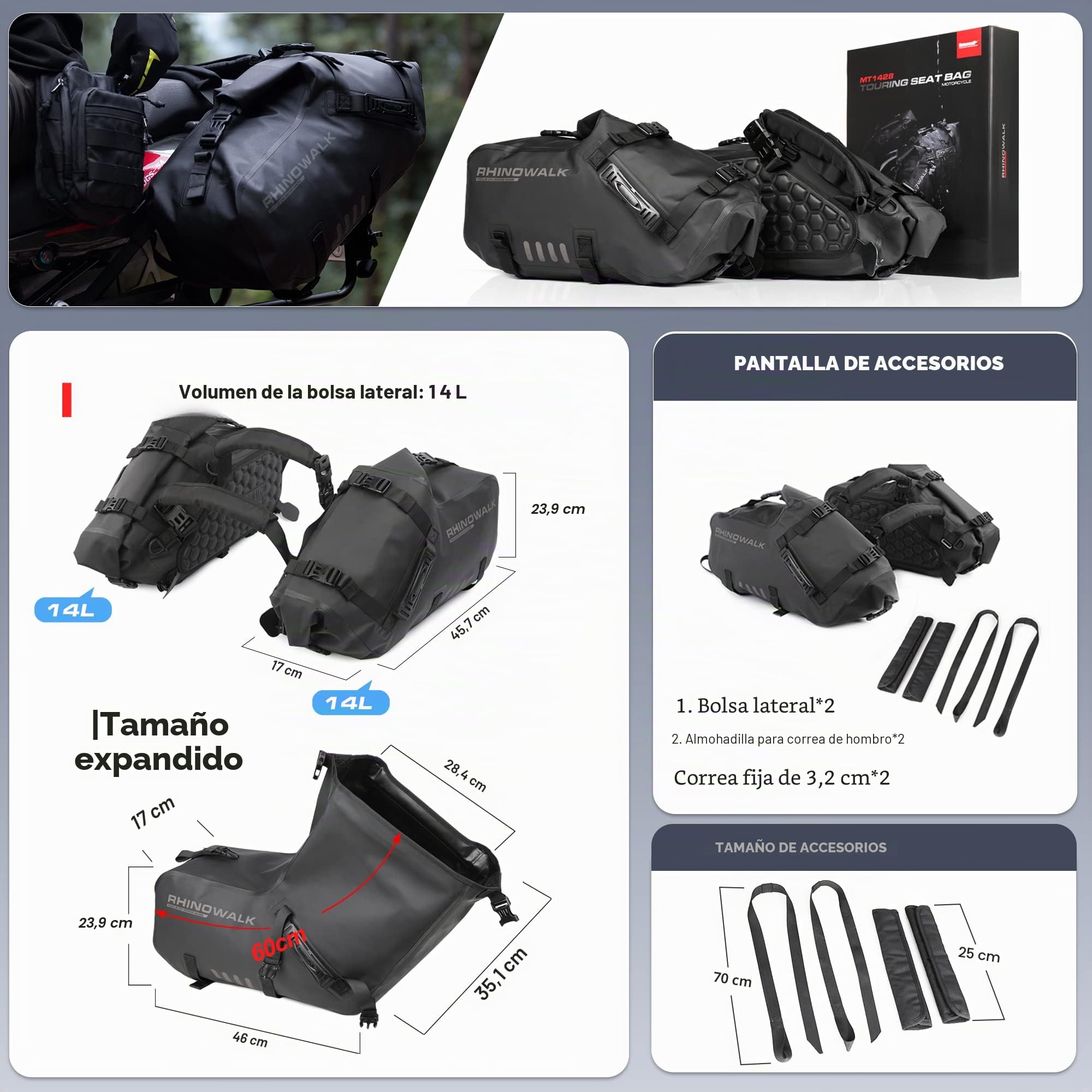 Rhinowalk Bolsa de sillín, Accesorio de Motocicleta Impermeable 28L (14L*2) Alforjas Laterales de Motor