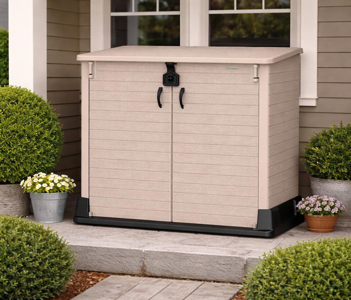 Duramax StoreAway 850L Plastic Garden Shed, Outdoor Storage Shed, Wheelie bin box, Wheelie Bin Hideaways, Durable Construction, Ideal for Tools, BBQs & 2x Garbage Bins, 130x74x110 cm, Warm Taupe
