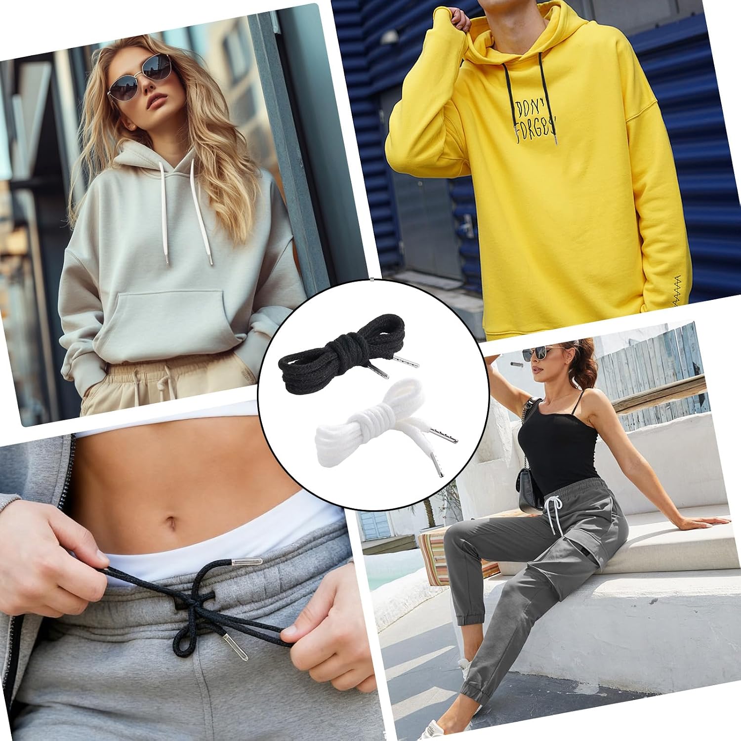 4 Pcs Drawstring Cords Replacement Hoodie String Replacement Sweatpants String for Yoga Pants Sweatpants Jackets Coats 2 Black 2 White 1 Threader Tool