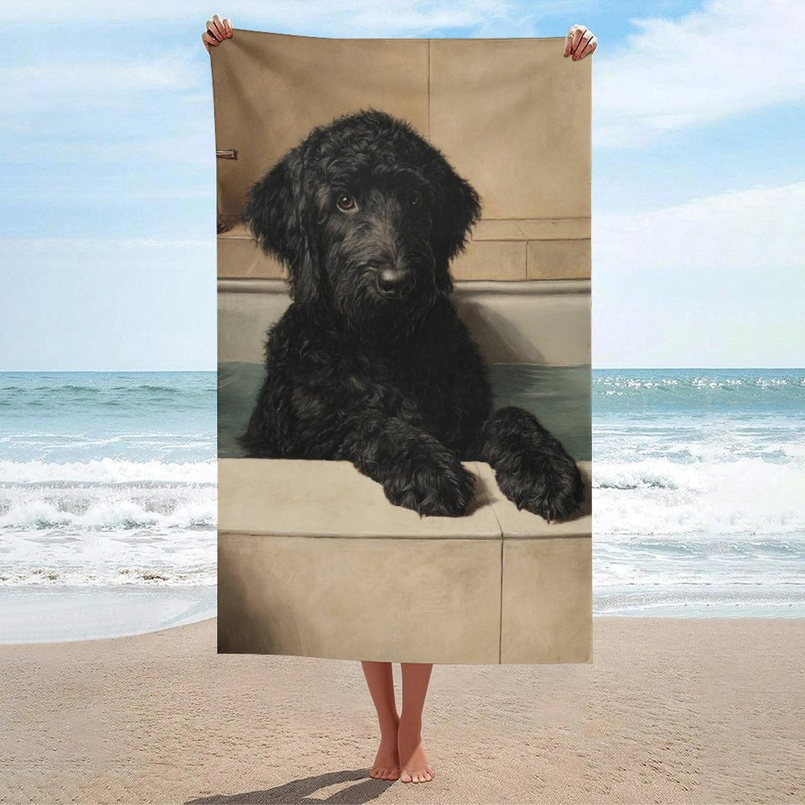 asbwuo Black Labradoodle Dog in The Bathtub Beach Towel