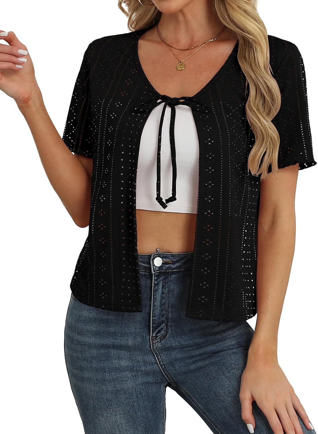 Womens Tie Front Cardigan Lightweight Short Sleeve Cardigans for Women Trendy Open Front