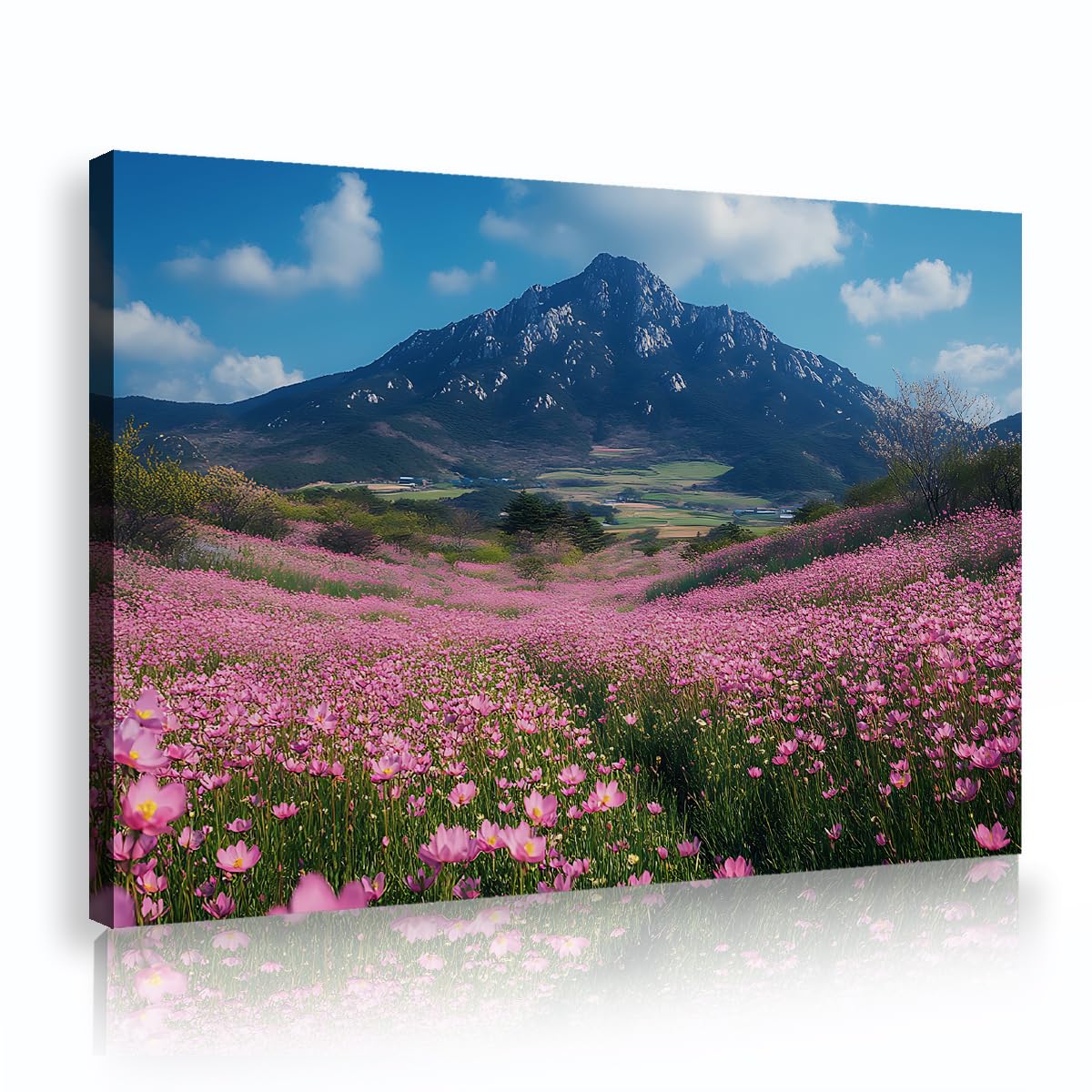 TOANGWALL Pink Cosmos Mountain Valley Poster Prints Spring Wildflower Field Canvas Wall Art Blue Sky Nature Picture Framed Artwork for Living Room Bedroom Studio Decor 75x115cm