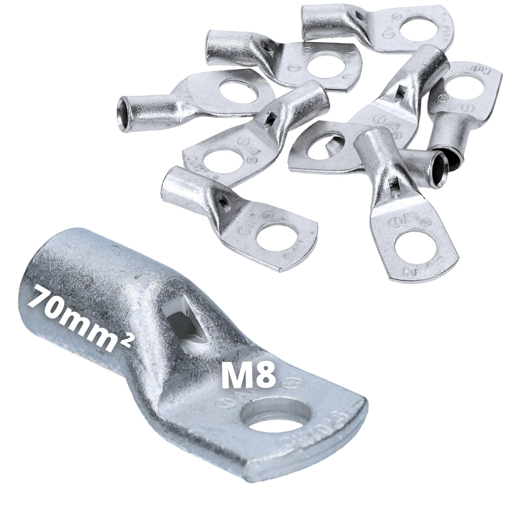 Cembre A14-M8 Lot de 10 Cosses Tubulaires 70 mm² M8 en Cuivre Étamé | Connecteurs à sertir non isolés avec trou d inspection, recuits pour sertissage optimal, cuivre électrolytique pur
