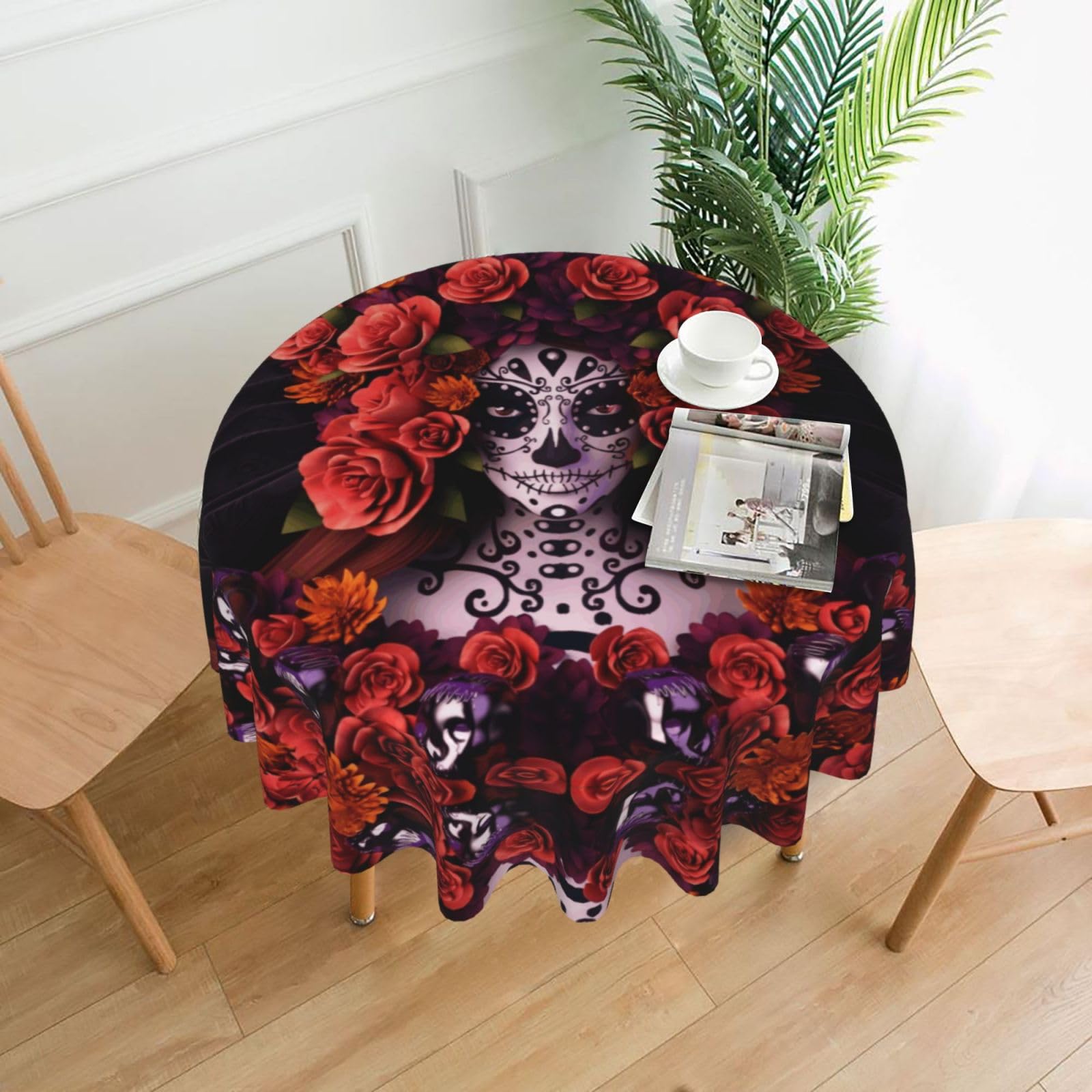 YYHWHJDE Day Of The Dead Sugar Roses Skull Prints Round Decorative Tablecloth 60in - High-Grade Polyester Throw for Elegant Dining & Festive Gatherings