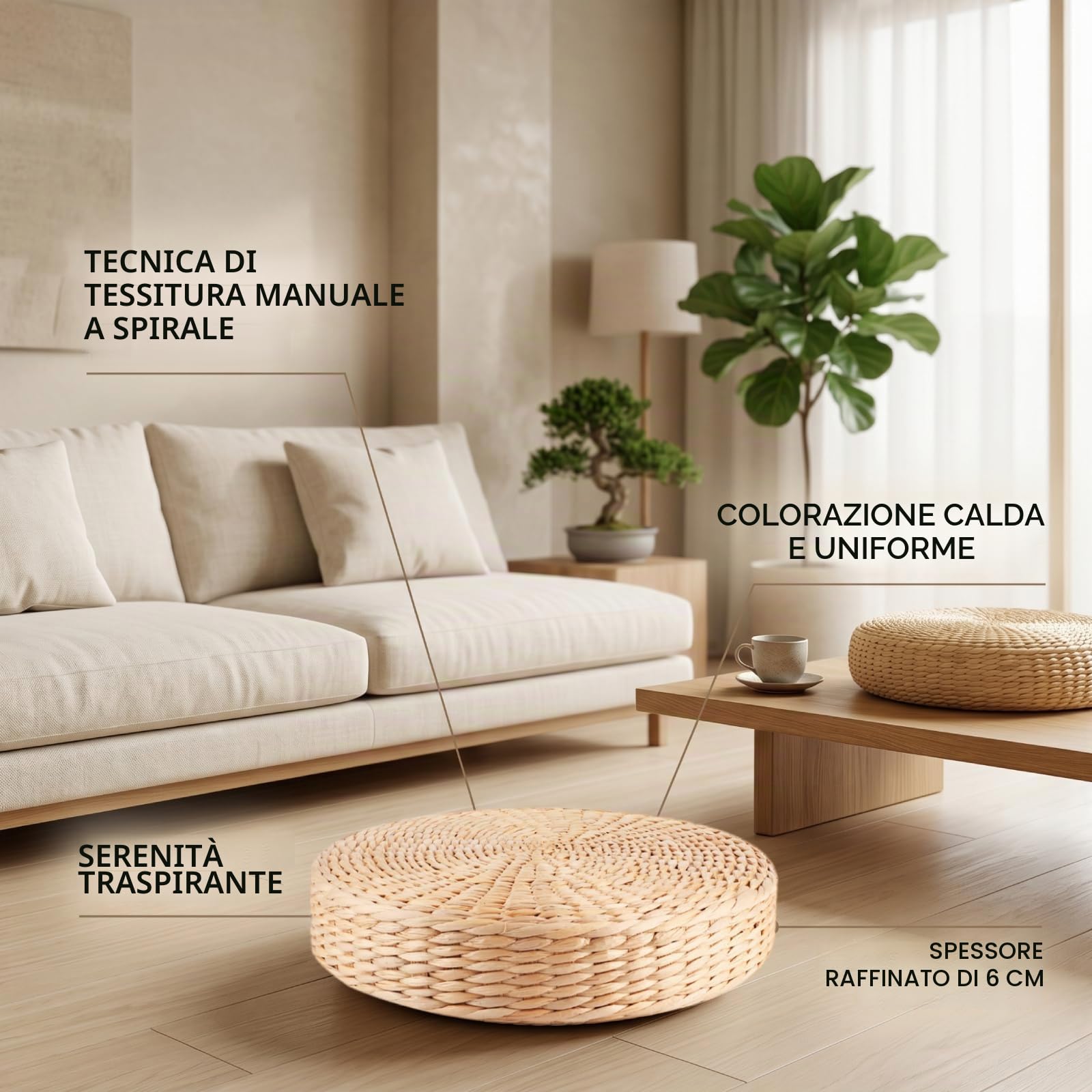 Cuscino Rotondo in Paglia per Giardino, Pouf Tatami Giapponese Spesso per Meditazione, Zen, Yoga (30cm x 5cm)