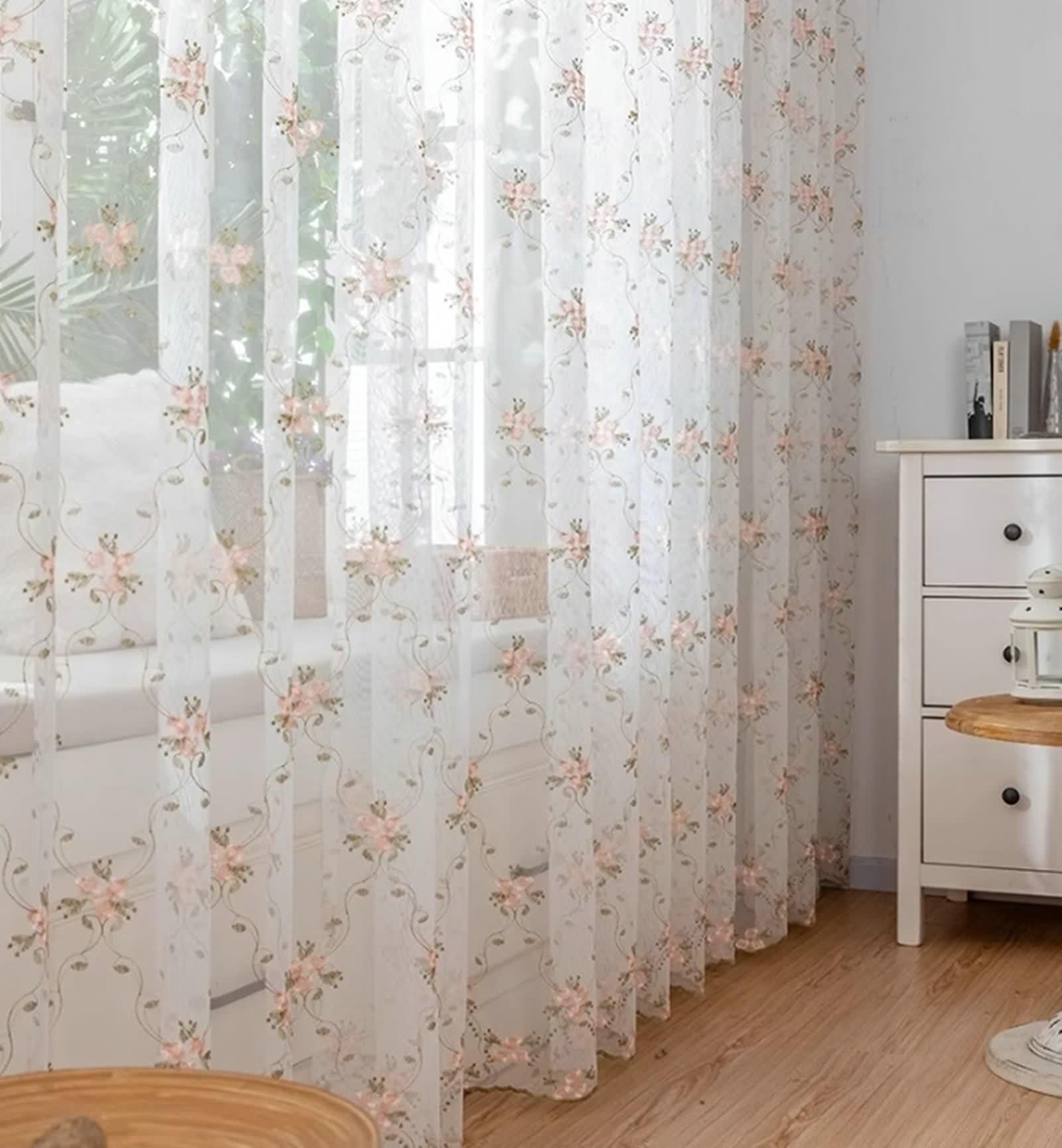 Rideau Fenetre Longue, Voile Rideau Fenetre Blanc Rose Vert Polyester Fleurs et Feuilles Brodées 2 Pièces LxH 300x270cm
