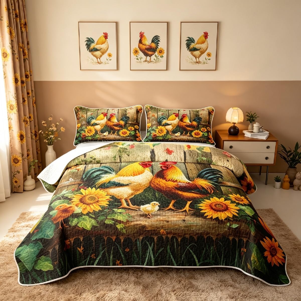 Rooster Rustic Quilt Set Twin Vintage Farmhouse Cock Girl Quilted Bedding Rural Pastoral Flowers Bedspread Coverlet Chicken Farm Animals Quilt Comforter Blanket for Hot Sleepers Boys Girls