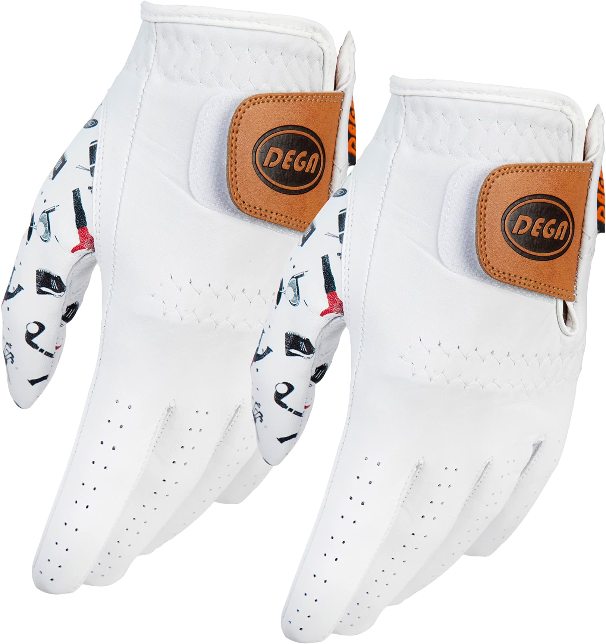 DEGA Golf Gloves 2 Pack 100% Cabretta Leather Golf Glove Men Left Hand Thumb Printed Designs