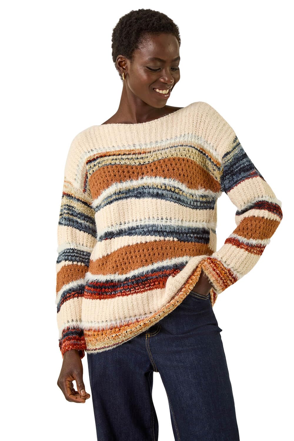 Roman Originals Jacquard Slash Neck Knit Jumper for Women UK - Ladies Everyday Autumn Winter Comfy Soft Evening Vacation Work Party Night Out - Brown - Size 20