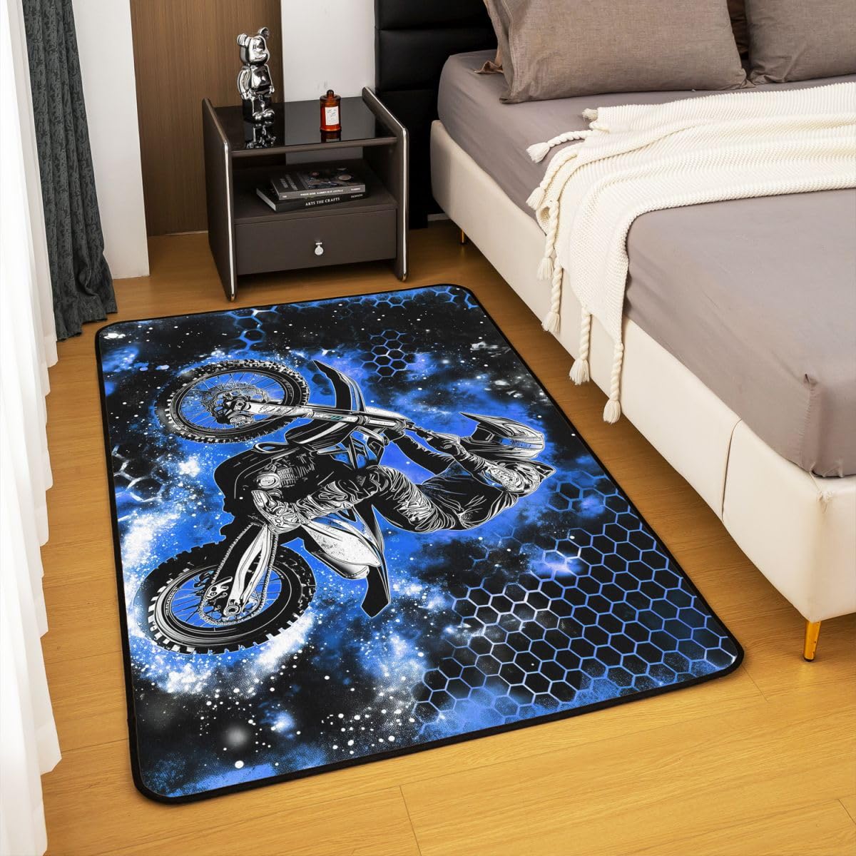 Motocross Wohnzimmer Teppich 150x200cm Extreme Sports Racing Dirt Bike Spiel Schlafzimmerbereich Teppich für Jungen Mädchen Geometrische Honeycomb Motorrad Sechseck Bodenmatte Heimdekor