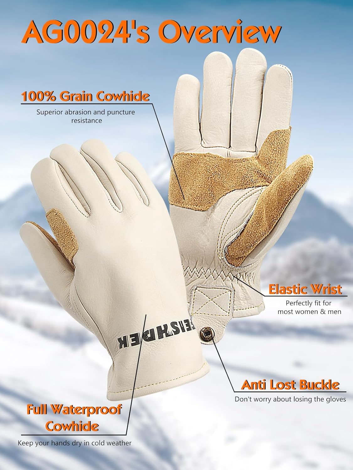 Waterproof Winter Work Gloves, Cowhide Leather, White & Tan, Cold Weather Protection, Anti-Lost Buckle for Carpentry