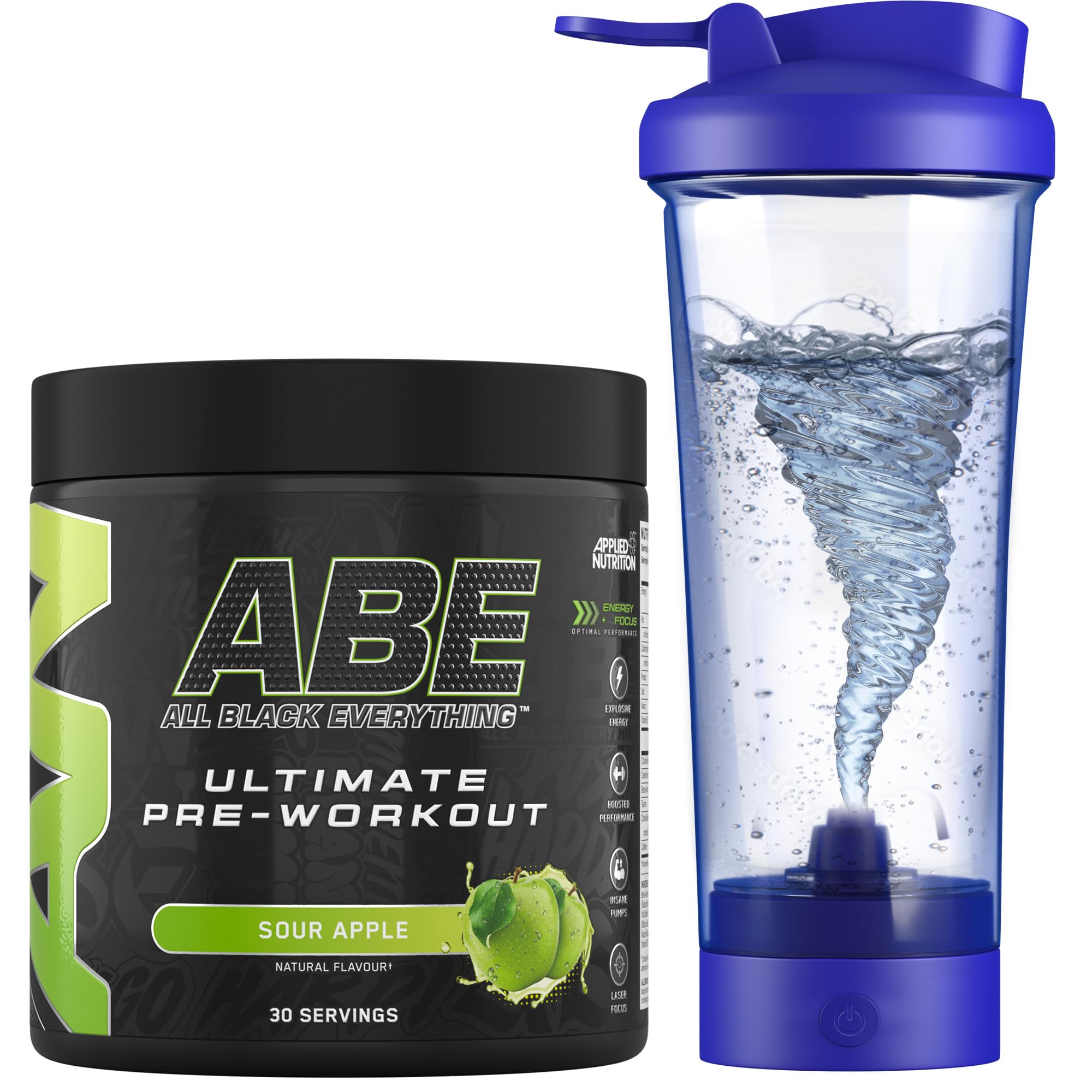 Applied Nutrition Bundle ABE Pre Workout 375g + Electric Shaker | All Black Everything Pre Workout Powder, Energy Drink, Physical Performance, Creatine, Beta Alanine, Caffeine (Sour Apple)