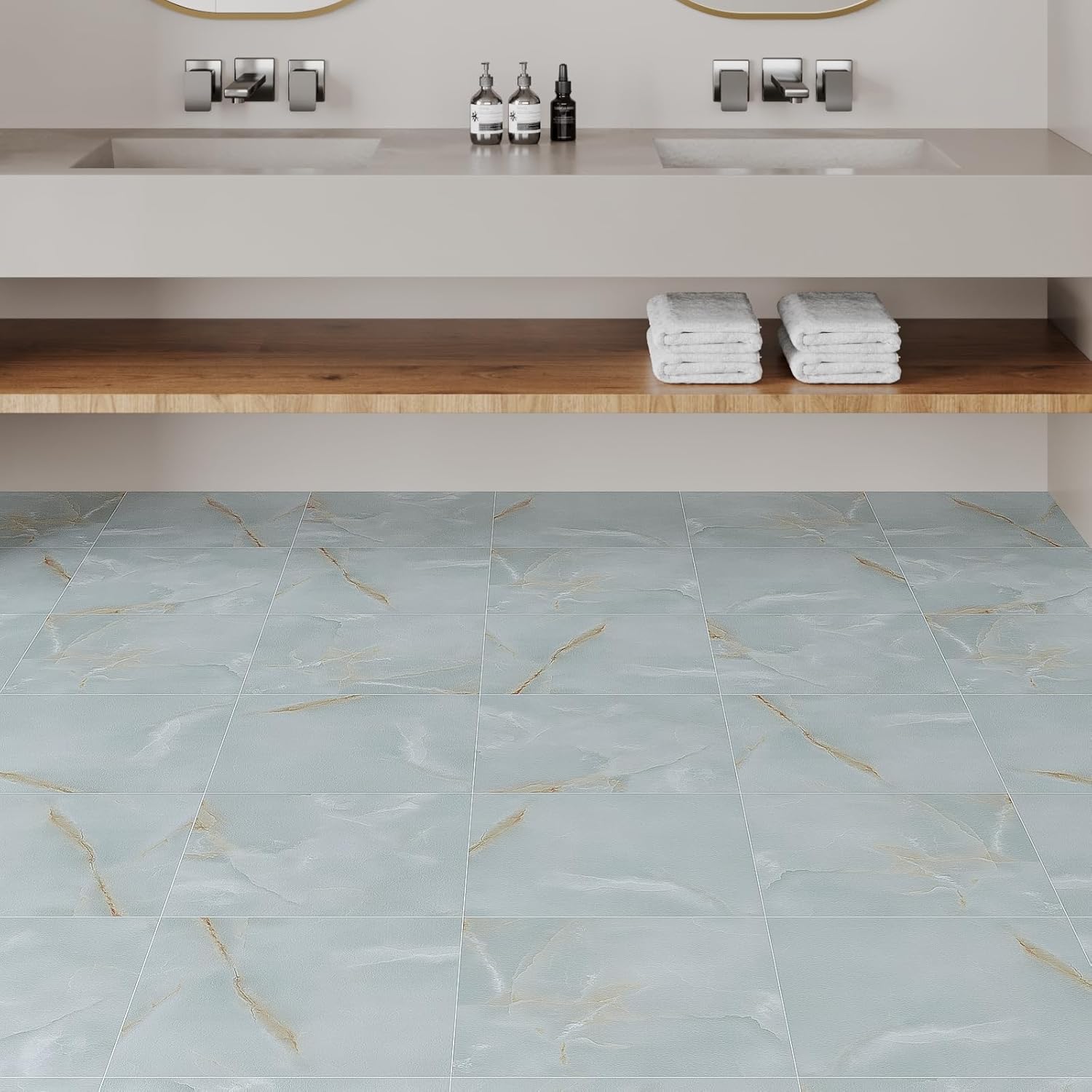 VaryStyle 18 Sheets Marble Floor Tiles Peel and Stick Waterproof Vinyl Flooring Tiles 12"x12" Thick Grey Bathroom Floor Tile Peel and Stick Flooring Temporary Stick on Floor Tile for Kitchen Basement