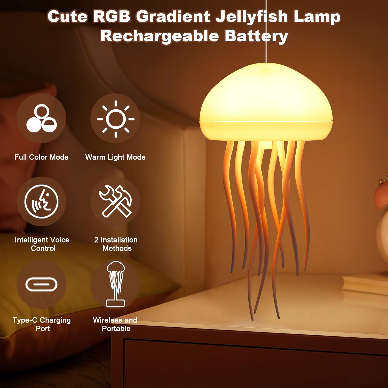 Jellyfish Lamp, Voice Control Jellyfish Lamp with Dancing Legs, RGB Gradient Jellyfish Bedside Lamp - Image 4
