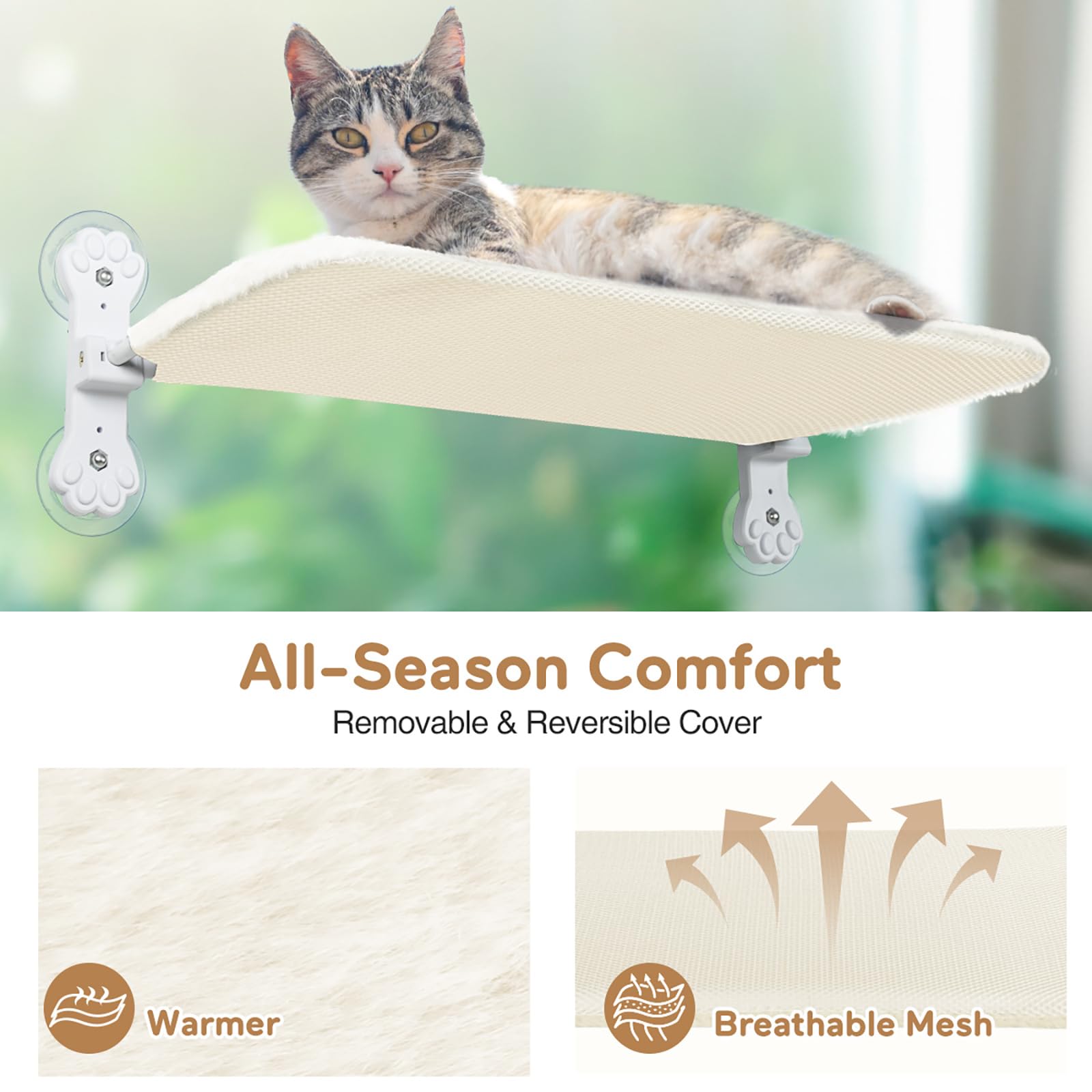 Percha plegable para ventana de gato, hamaca inalámbrica para ventana con 4 ventosas, cama con ventana para gatos en el interior con cubierta reversible y marco de metal sólido (beige, mediano)