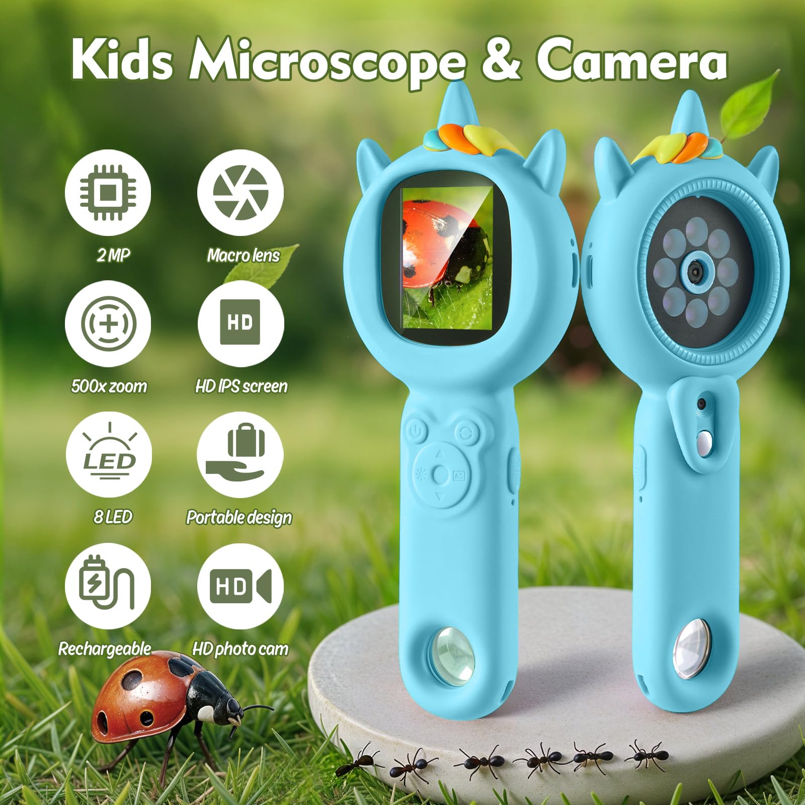 Microscopio para niños: aumento de 500x, zoom de 16X, microscopio de mano para niños con cámara HD, herramienta portátil de aprendizaje científico, regalos de cumpleaños de Navidad para niños y niñas