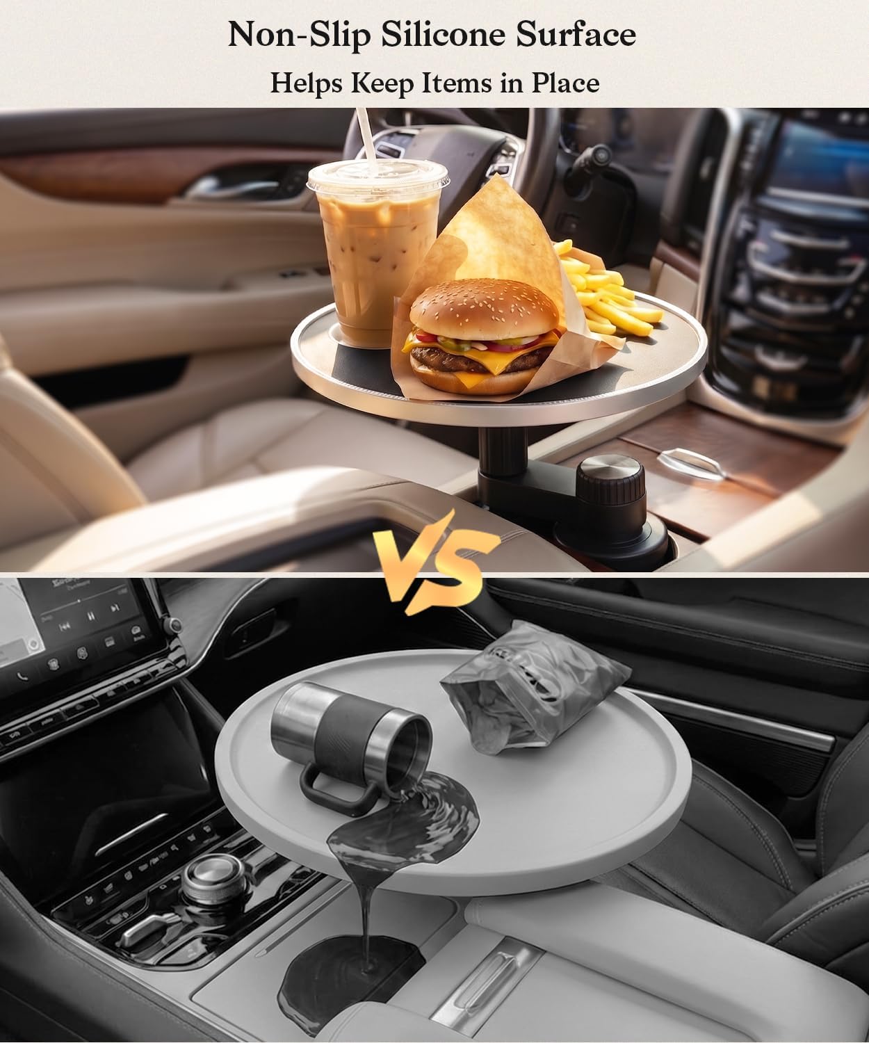 Car Table Tray, 360° Rotating Round Cup Holder Table with Non-Slip Silicone Surface, Car Desk for Food and Laptop, Fits 2.68–3.15 Inch Cup Holders, Compatible with Most Vehicles