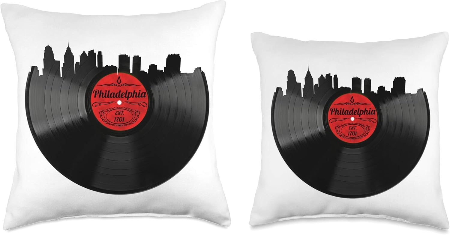 Aesthetic Vinyl Record City Skyline Hipster Philadelphia Throw Pillow