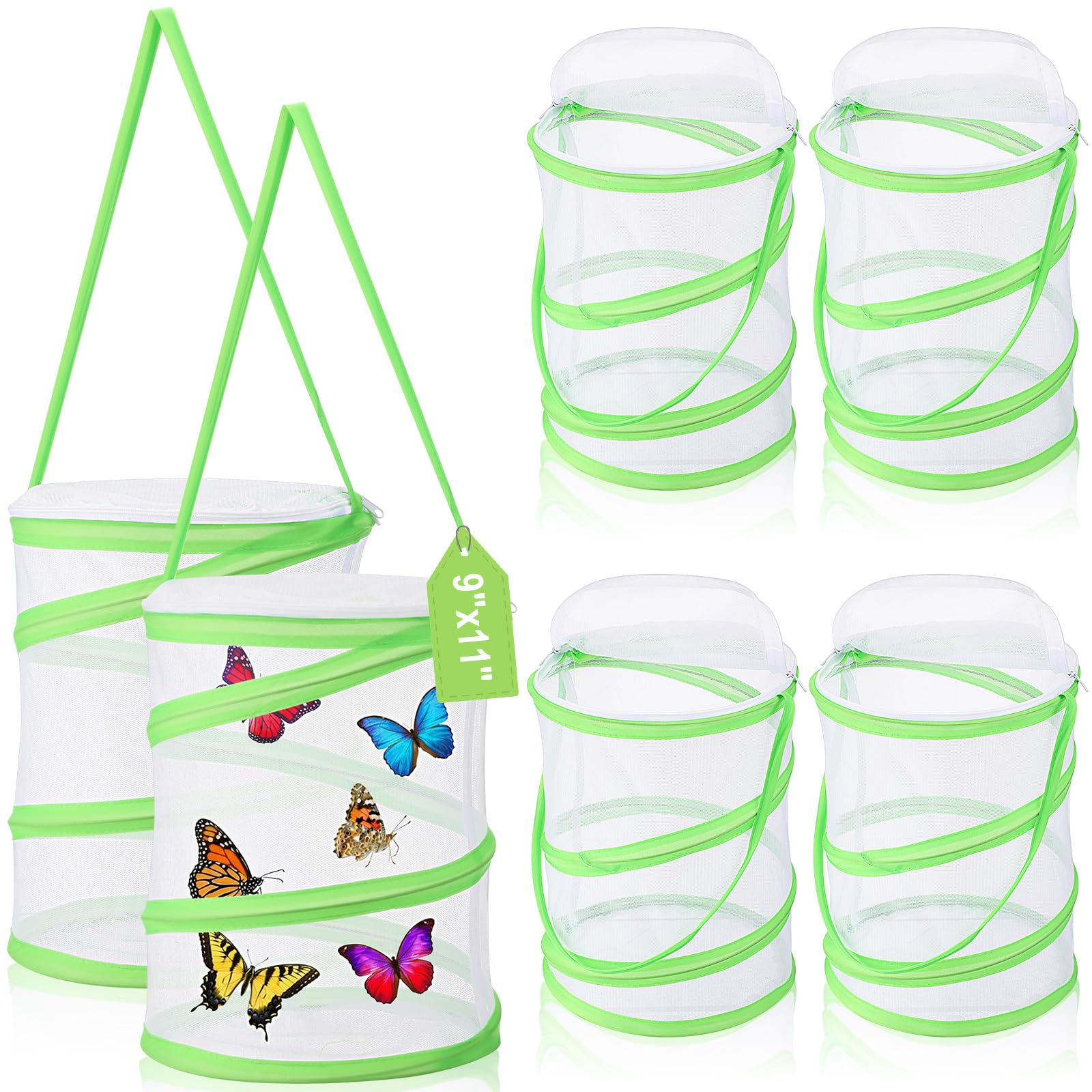 Sherr 6 Pack Butterfly Habitat Cage, 9"x11" Pop-up Mesh Butterfly Net Terrarium, Reusable Caterpillar Raising Kit, Portable Bug Catcher Enclosure for Transporting and Raising Critter (Green)